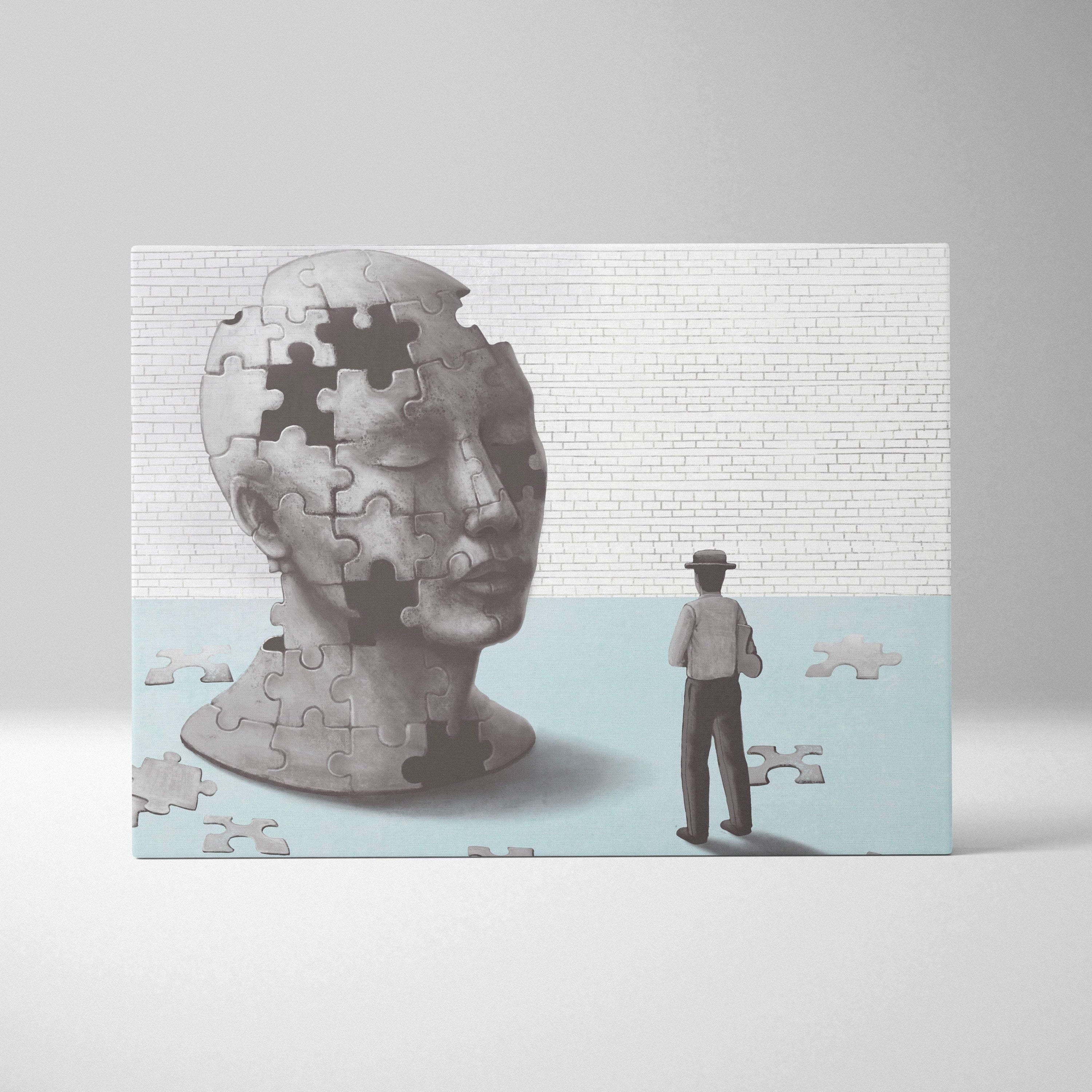 Gray stone bust puzzle art print showing a man in a hat standing before a partially assembled head for modern psychology decor