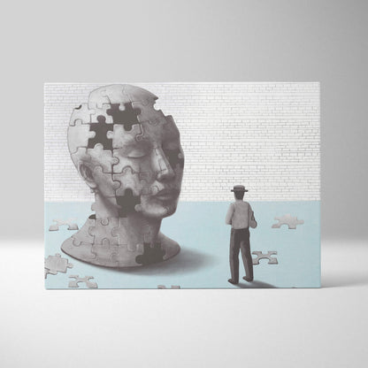 Gray stone bust puzzle art print showing a man in a hat standing before a partially assembled head for modern psychology decor