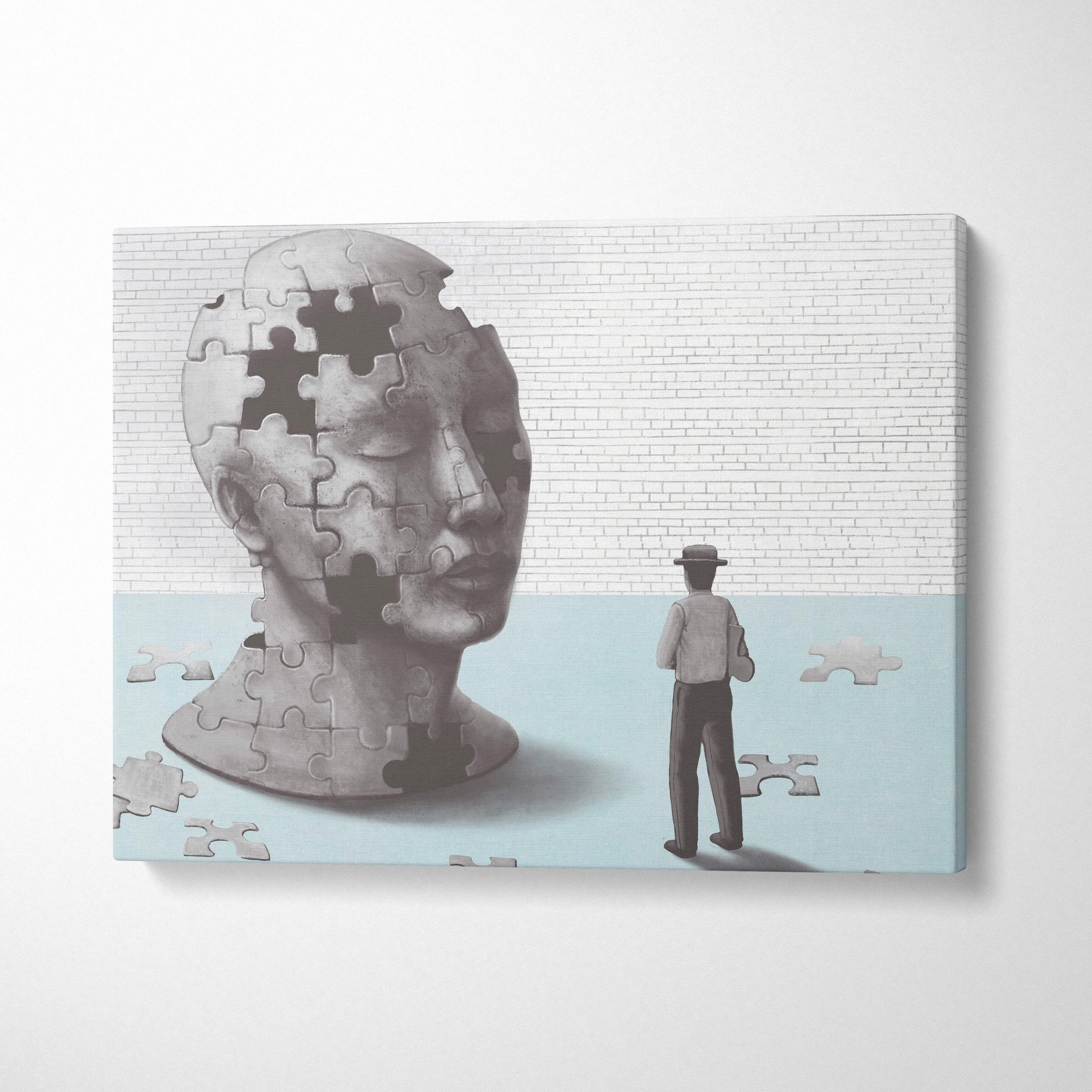 Gray puzzle-piece human head sculpture canvas wall art depicting missing pieces mind concept for psychology decor
