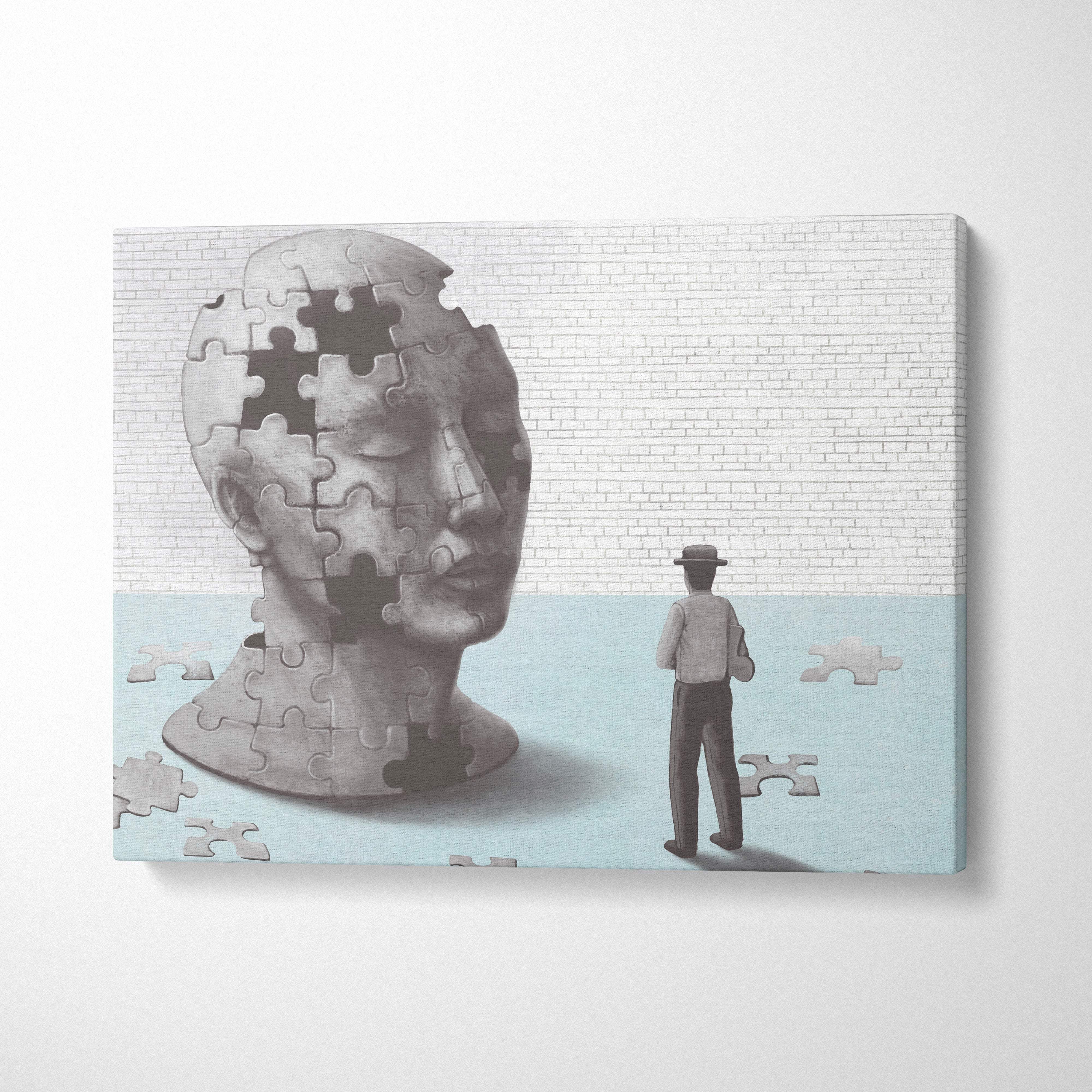 Gray puzzle-piece human head sculpture canvas wall art depicting missing pieces mind concept for psychology decor