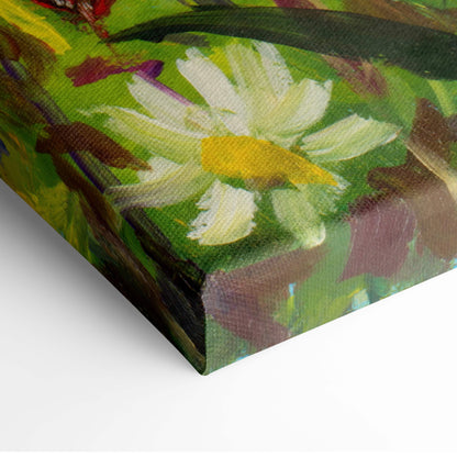 Colorful wildflower meadow canvas print featuring a vibrant white daisy with yellow center on lush green background