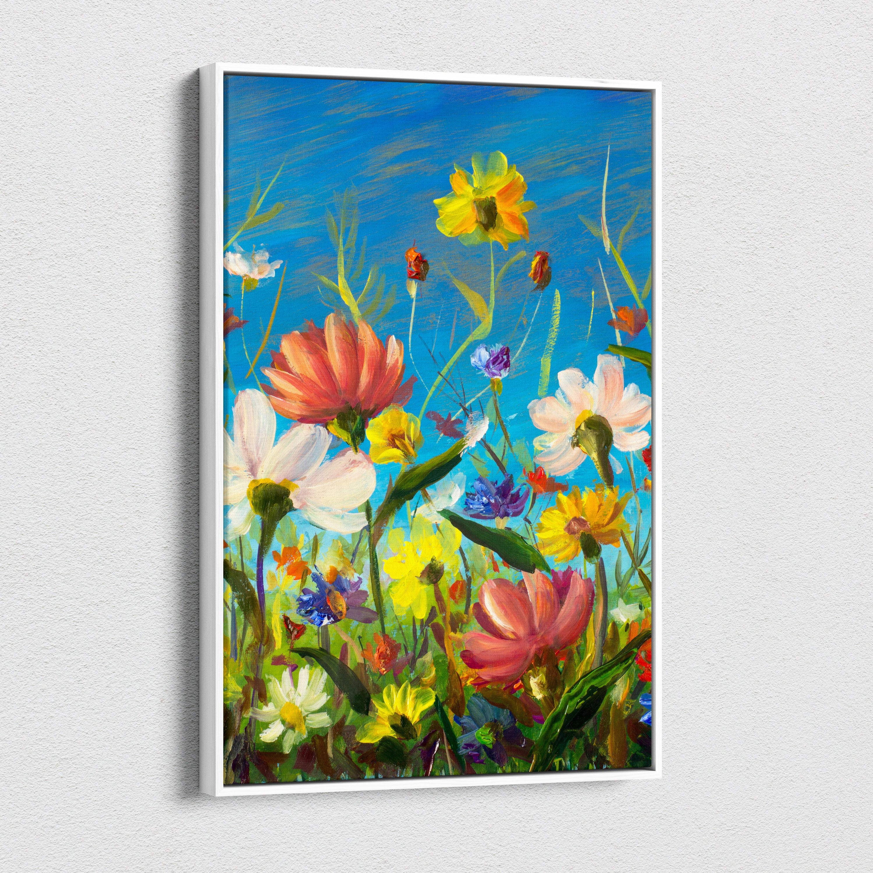 Colorful wildflower meadow canvas print with vibrant yellow pink white blossoms and bright blue sky in oil painting style