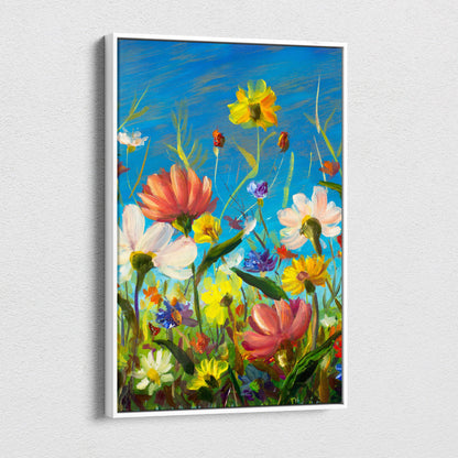 Colorful wildflower meadow canvas print with vibrant yellow pink white blossoms and bright blue sky in oil painting style