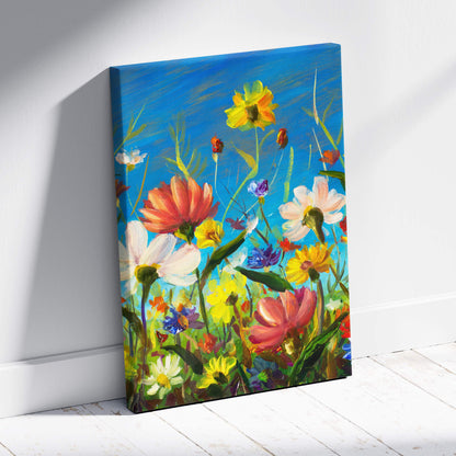 Colorful wildflower meadow canvas print with vibrant pink yellow white blossoms and bright blue sky in oil painting style