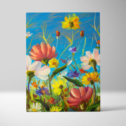 Colorful wildflower meadow canvas print with vibrant pink yellow purple blossoms against bright blue sky in oil painting style