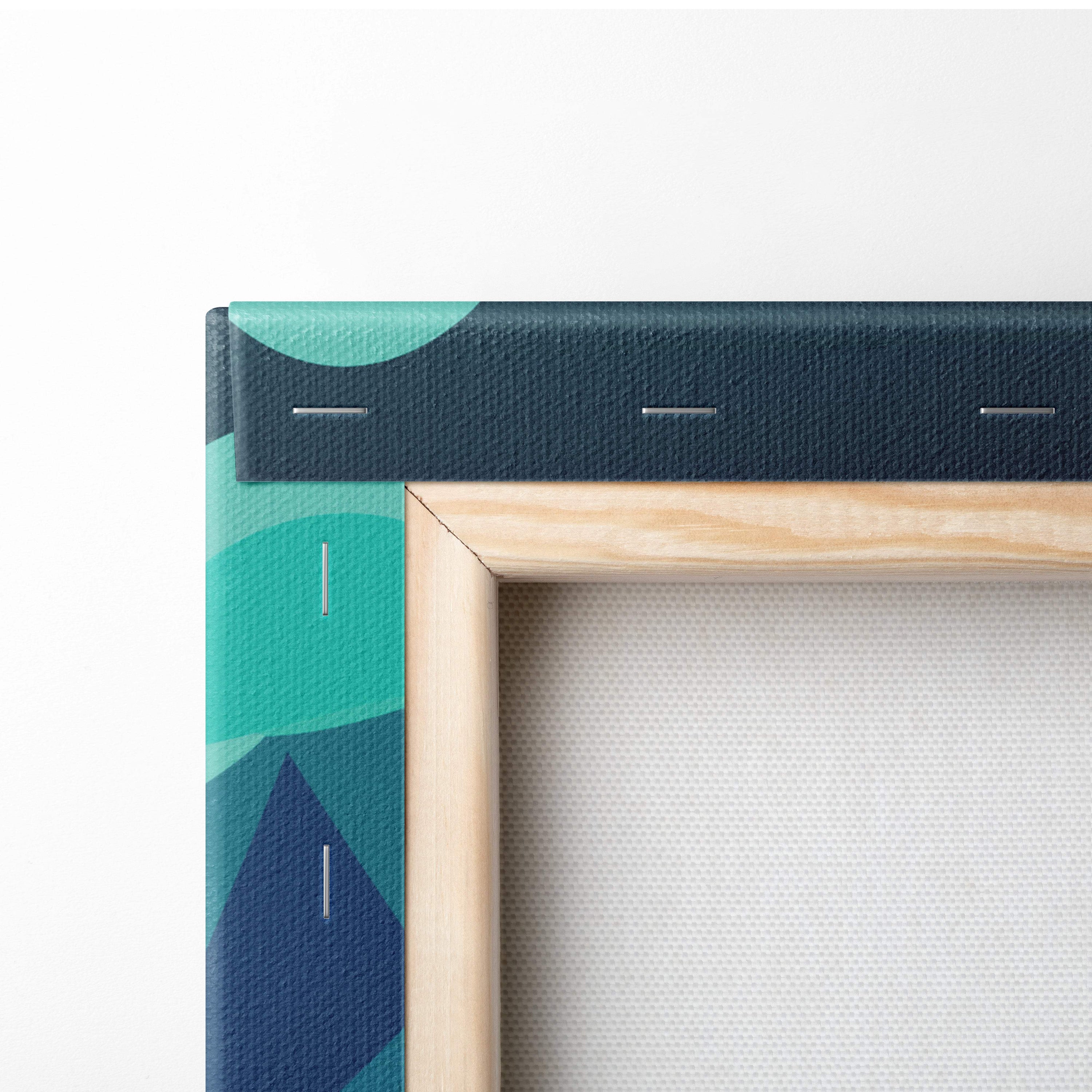 Teal and navy abstract mountain-patterned canvas art print with light wood frame for vaporwave and retrowave décor