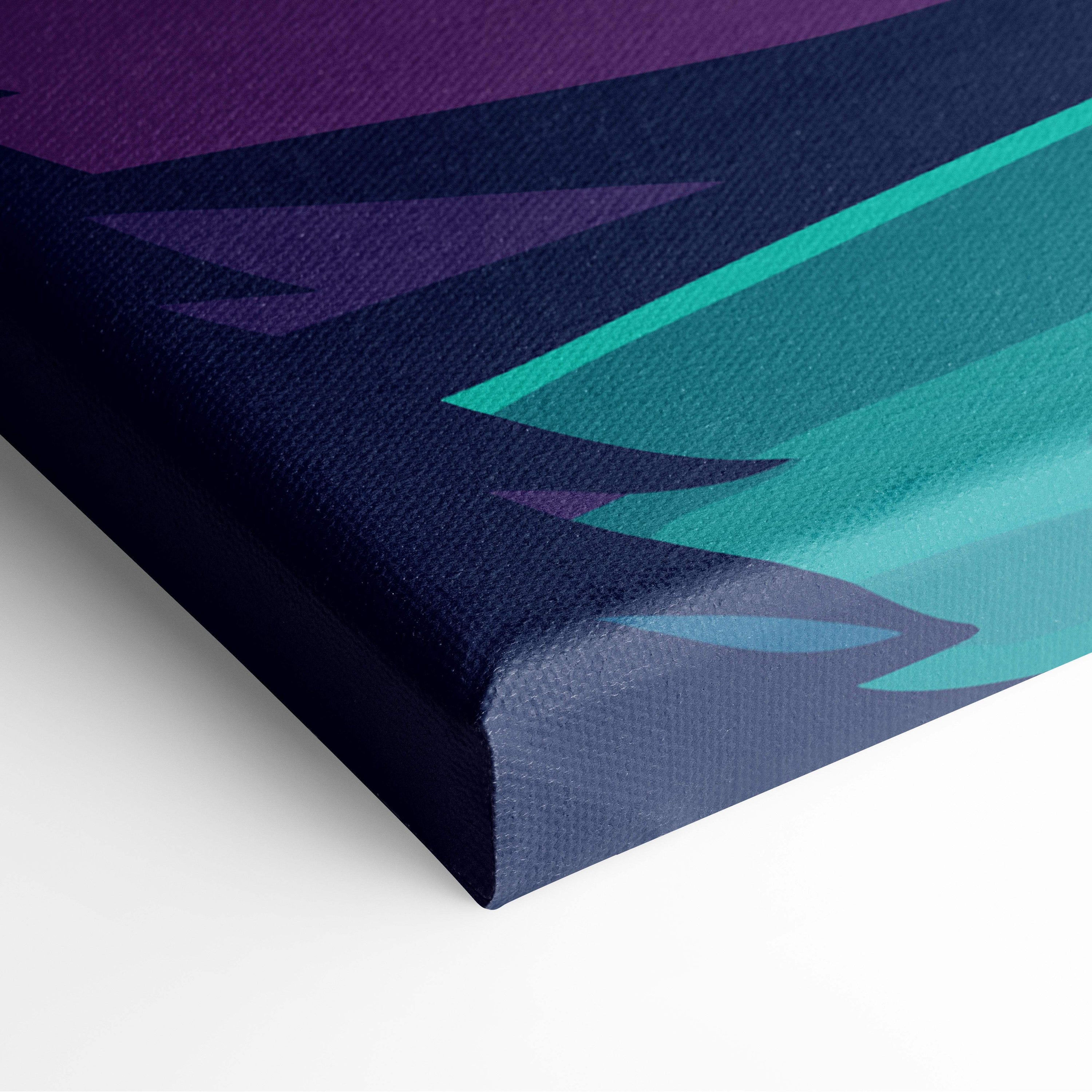 A vaporwave mountain river canvas art print featuring deep purple and teal geometric mountains with synthwave glow