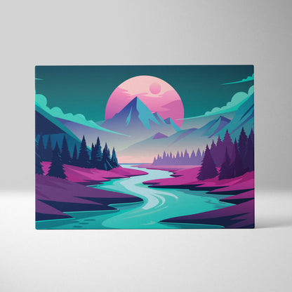Vaporwave mountain river canvas art print featuring a glowing pink sun over stylized teal and pink mountains and river
