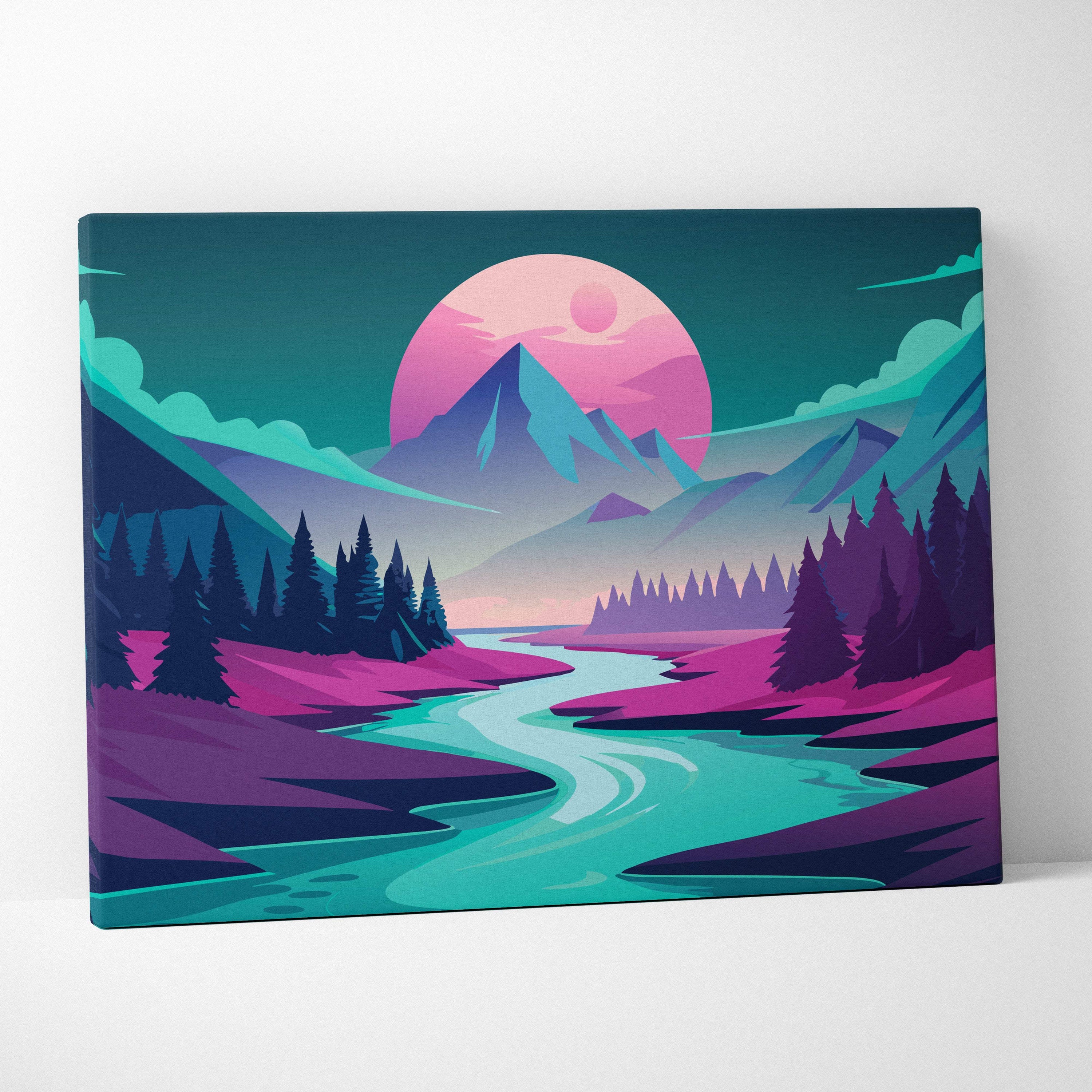 Vaporwave mountain river canvas art print featuring a neon teal and pink landscape with pine trees and mountains