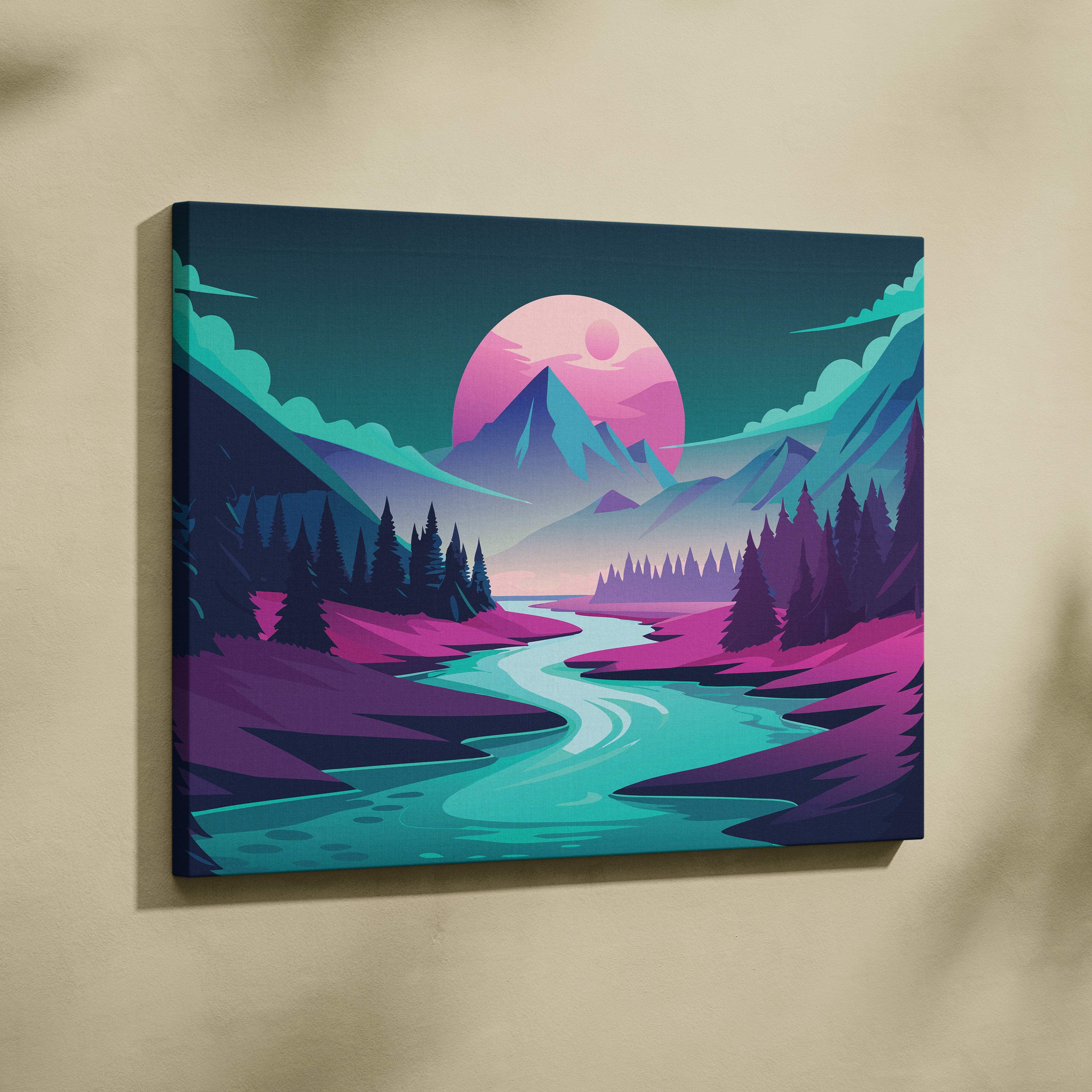 Vaporwave mountain river canvas art print featuring neon pink sun teal and purple mountains and a winding river