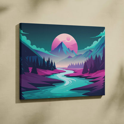 Vaporwave mountain river canvas art print featuring neon pink sun teal and purple mountains and a winding river