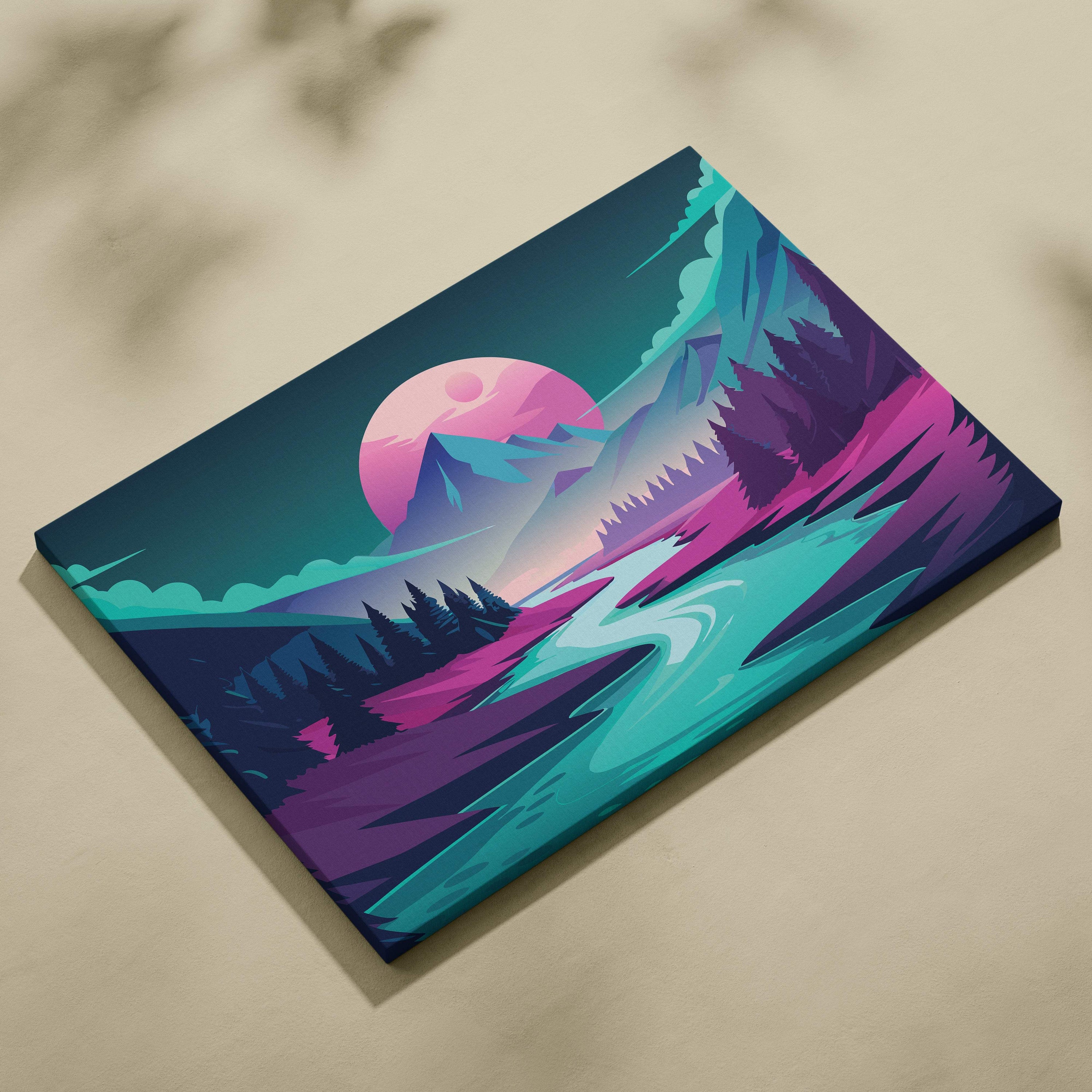 Vaporwave mountain river canvas art print featuring a vibrant pink moon over teal purple and magenta neon mountains and rivers