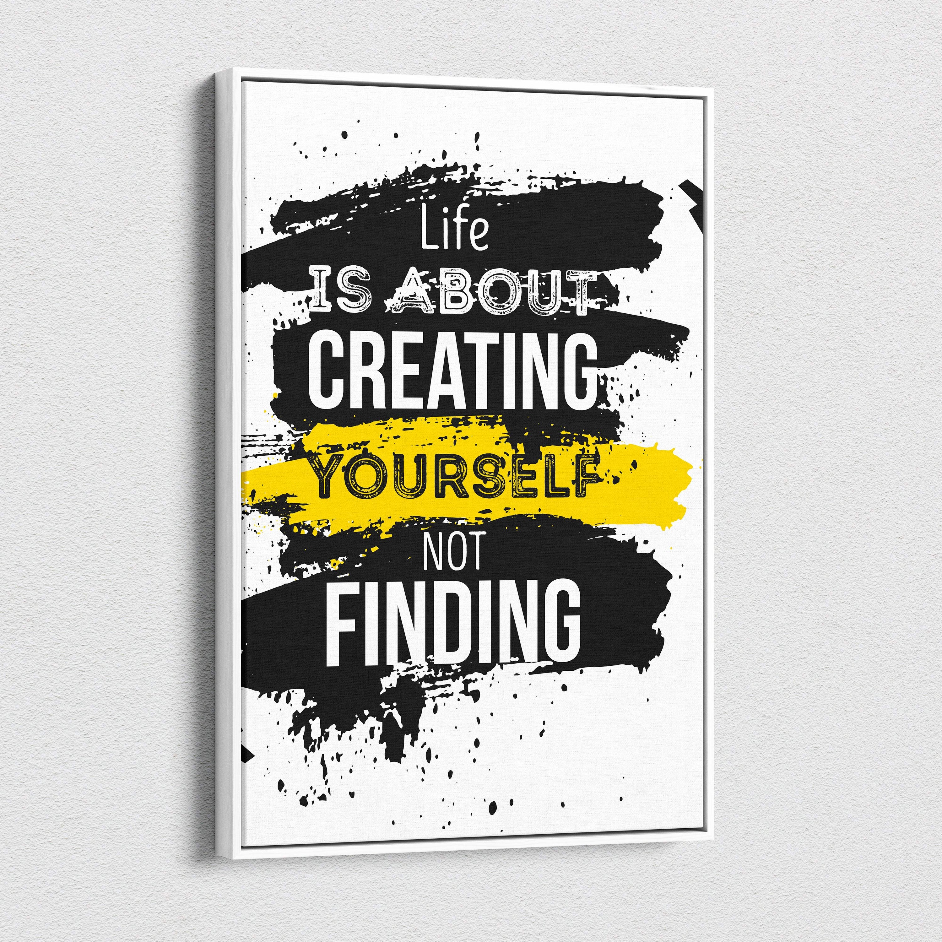 Creating yourself motivational wall art print with black and yellow abstract brushstrokes and bold white text in modern frame