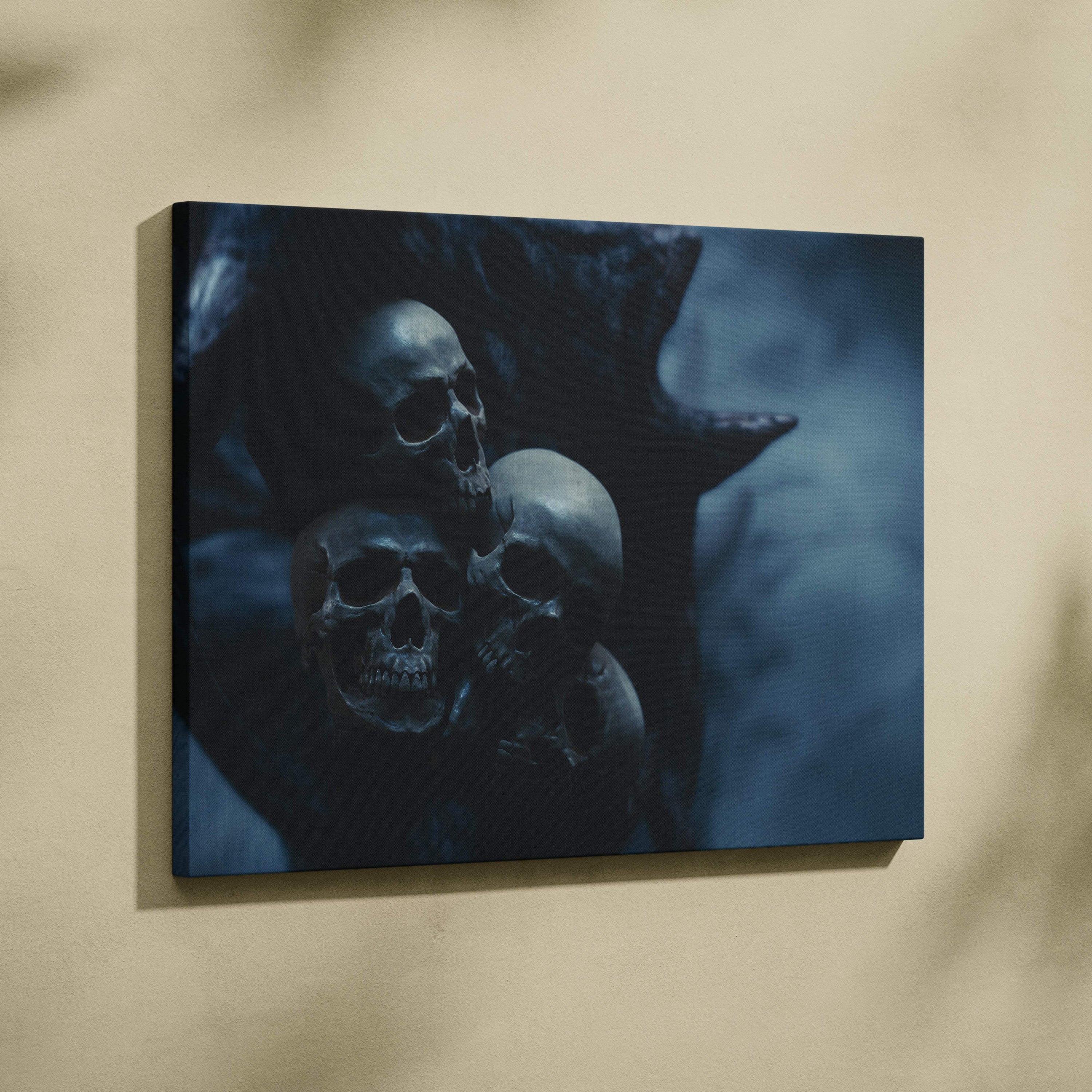 Dark blue canvas wall art print featuring three skulls in a gothic horror style for halloween or moody bedrooms