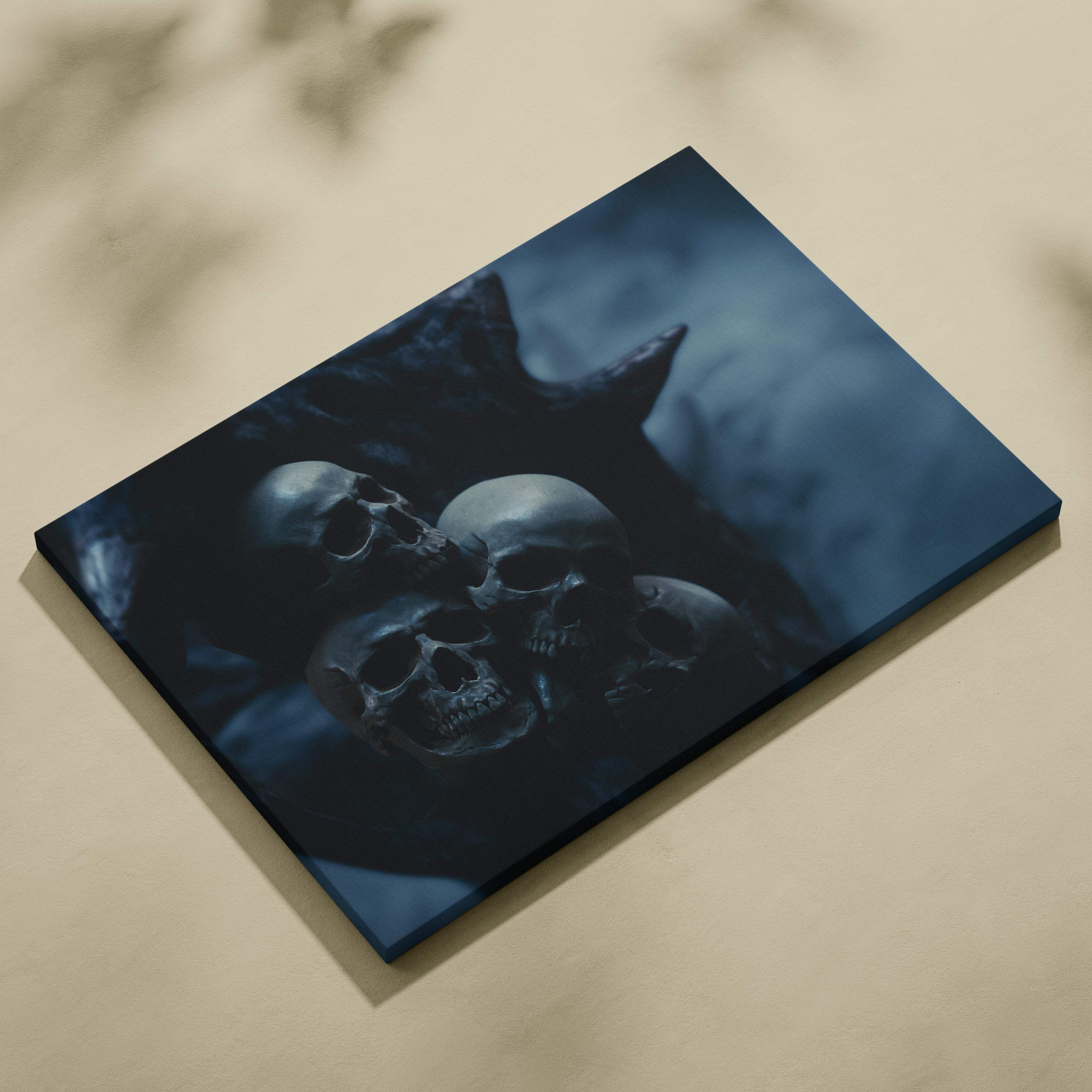 Dark blue canvas wall art print featuring three skulls with gothic horror style for halloween or moody bedroom decor