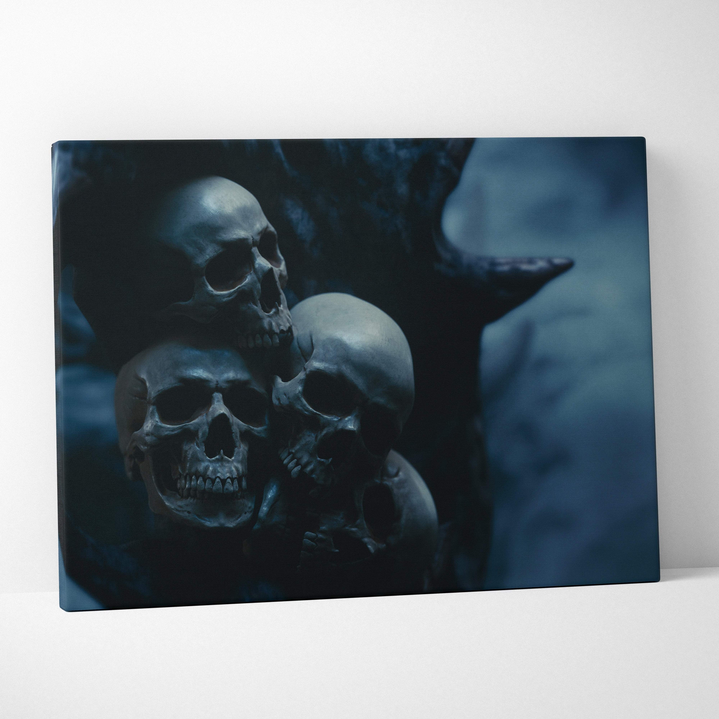 Dark blue canvas print featuring three detailed skulls in gothic horror style for Halloween or moody bedroom decor