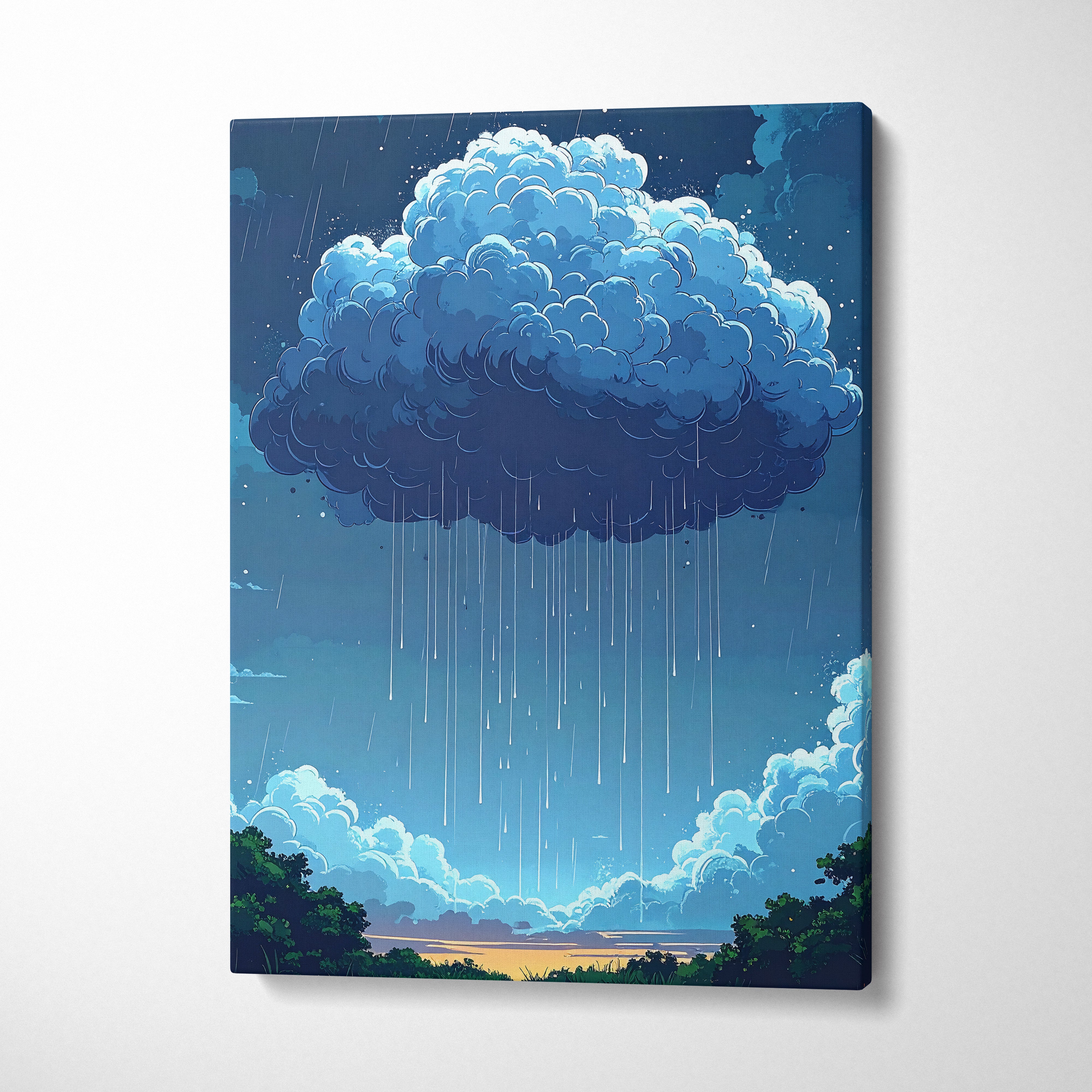 Moody Rain Cloud Canvas Art – Stylized Storm Sky Illustration Wall Decor Print for Modern Home