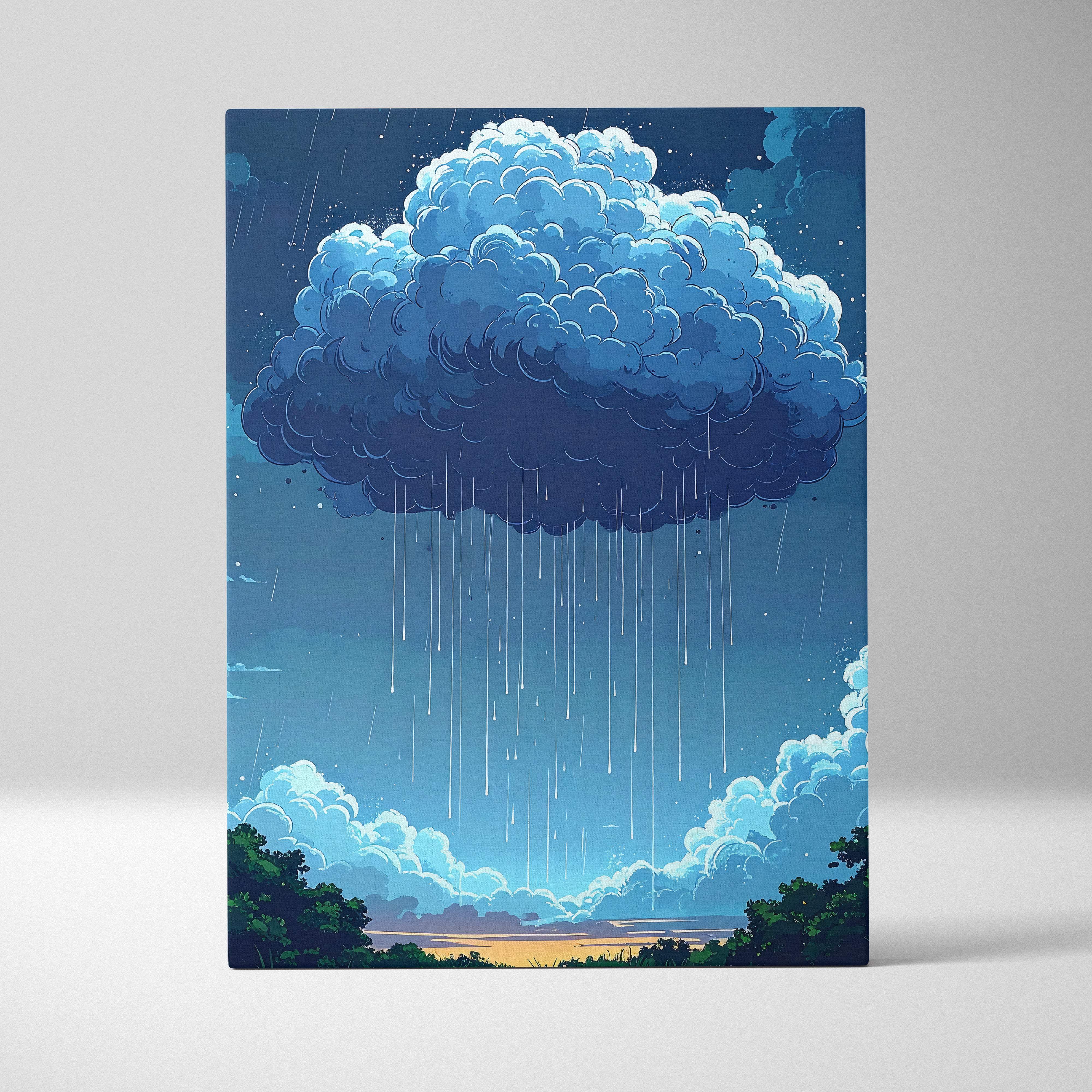 Moody rain cloud canvas art featuring vibrant blue stylized storm sky with rain over serene landscape and sunset horizon