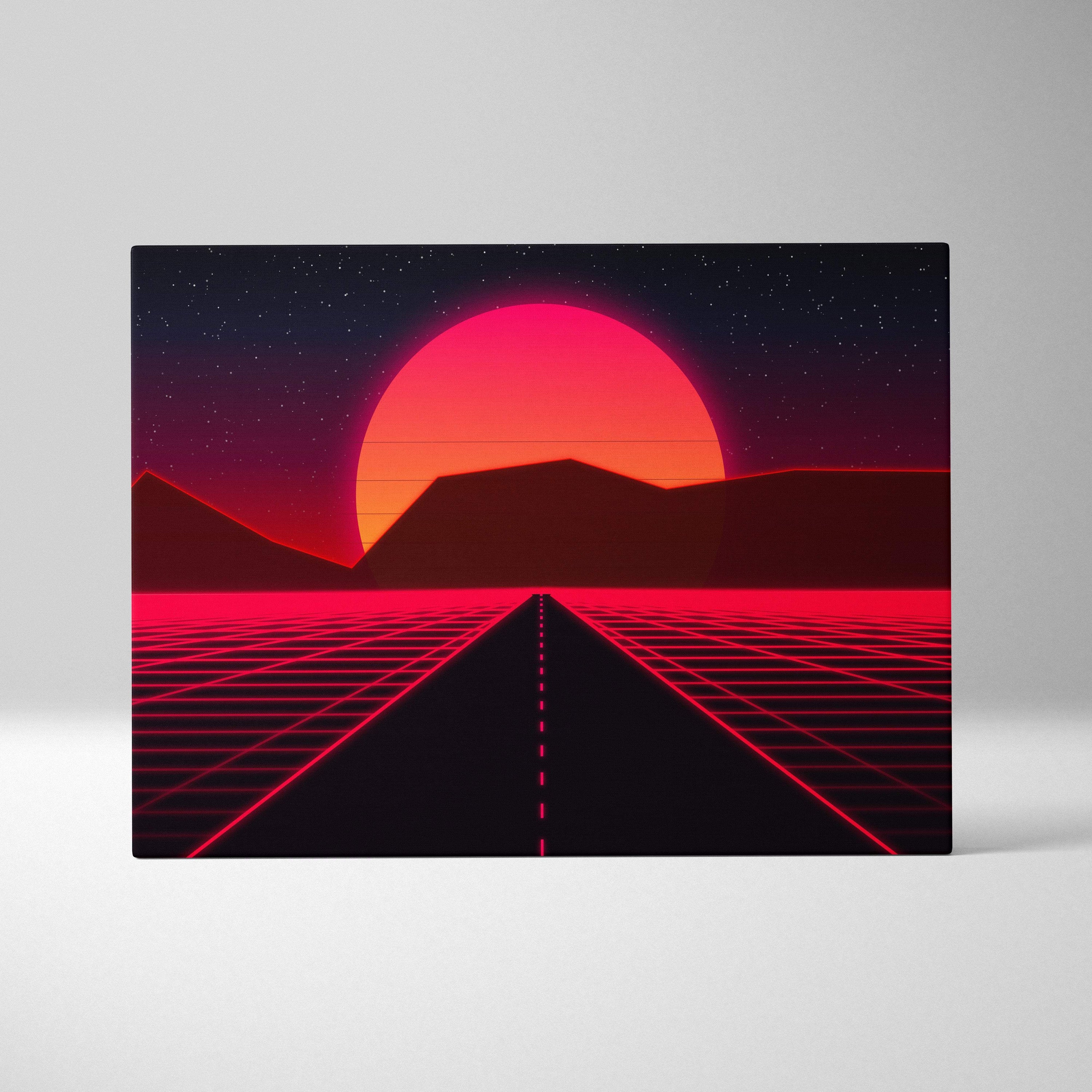 Retrowave red neon road canvas art print featuring a glowing sun behind mountains with a pink vaporwave grid highway
