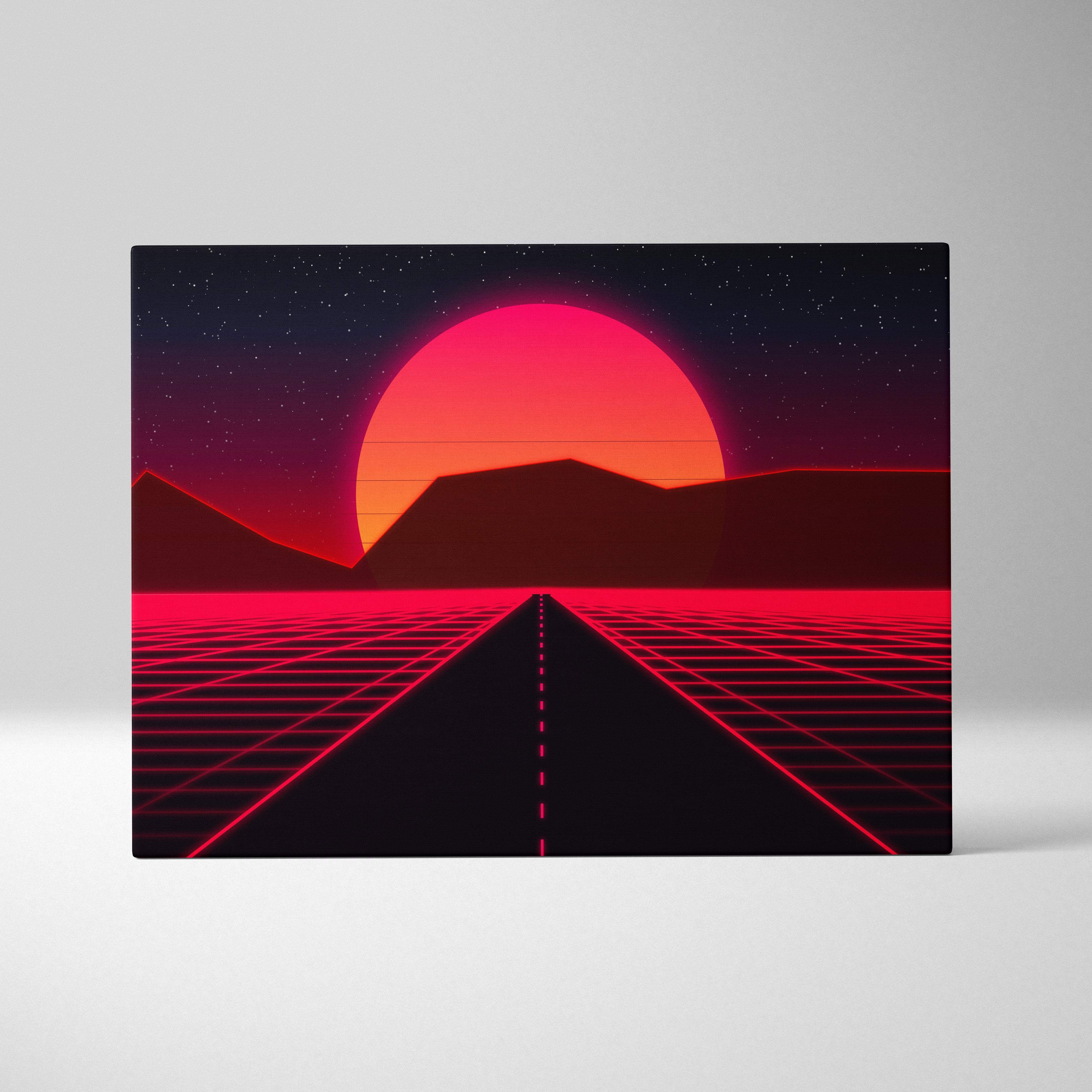 Retrowave red neon road canvas art print featuring a glowing sun behind mountains with a pink vaporwave grid highway