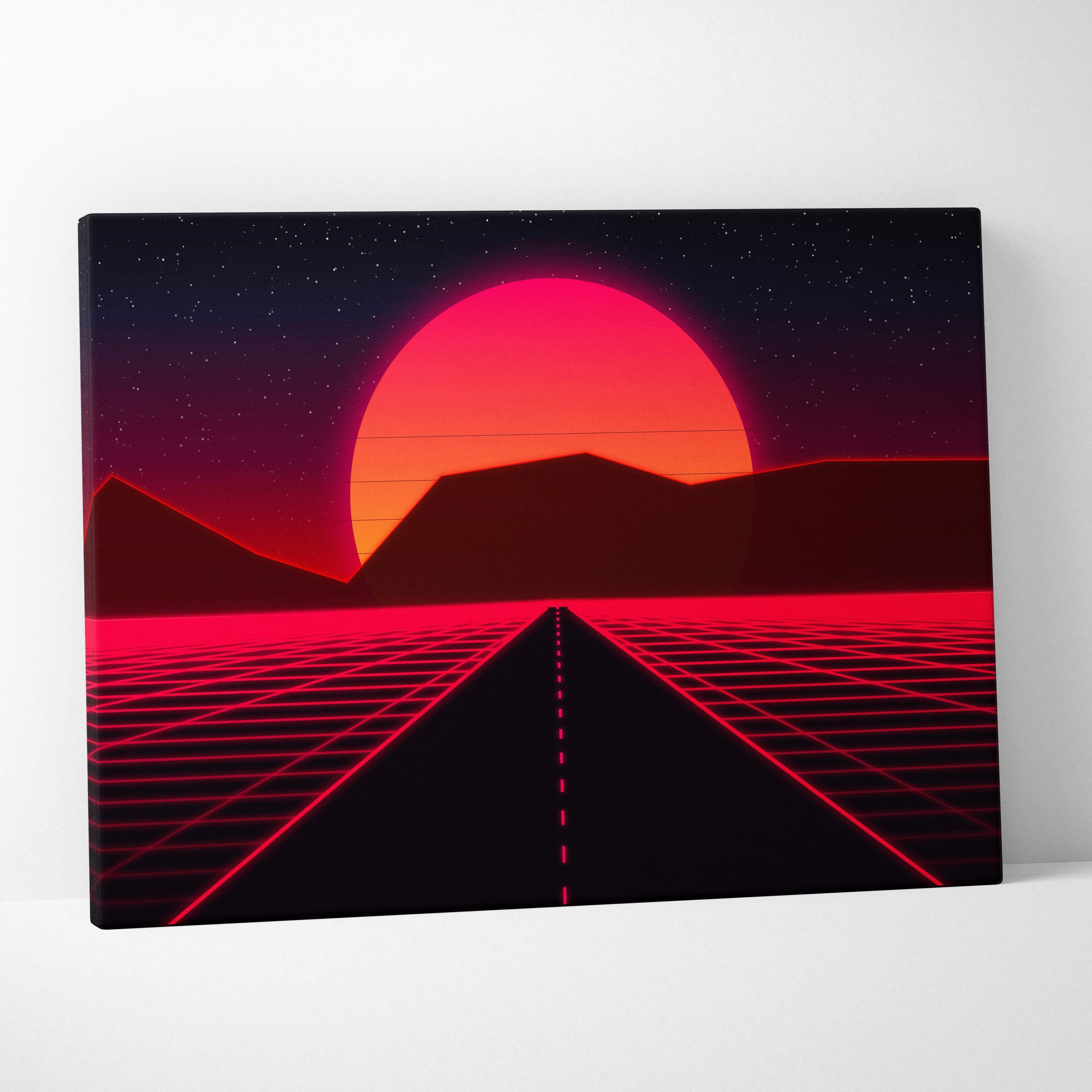 Retrowave red neon road canvas art print with glowing red sun setting over dark mountains and neon pink grid lines