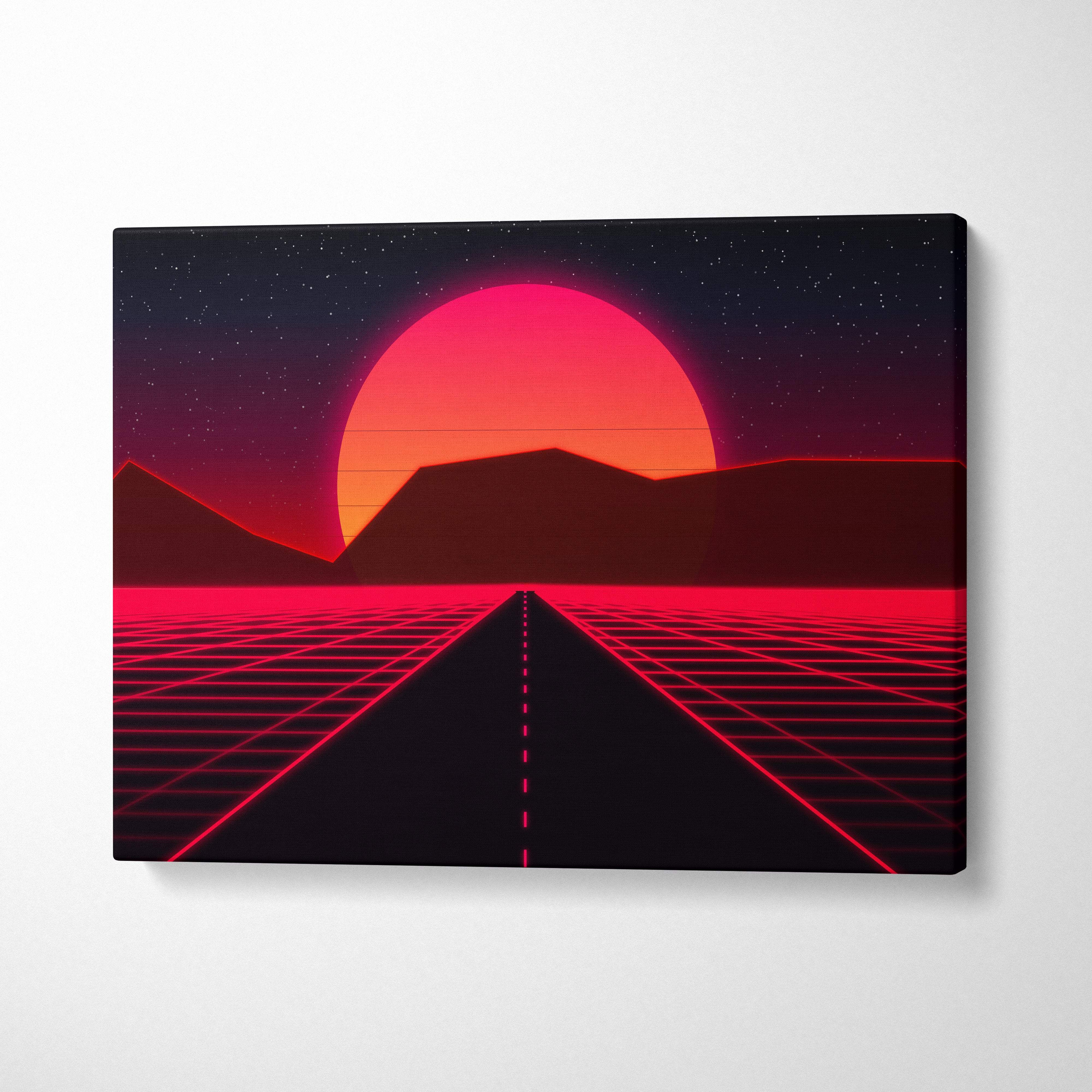 Retrowave red neon road canvas art print featuring a glowing red sun over dark mountains and a neon grid highway under stars