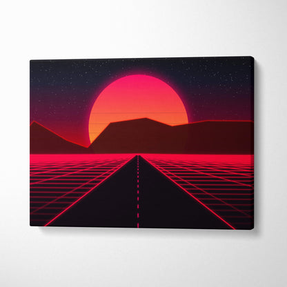 Retrowave red neon road canvas art print featuring a glowing red sun over dark mountains and a neon grid highway under stars
