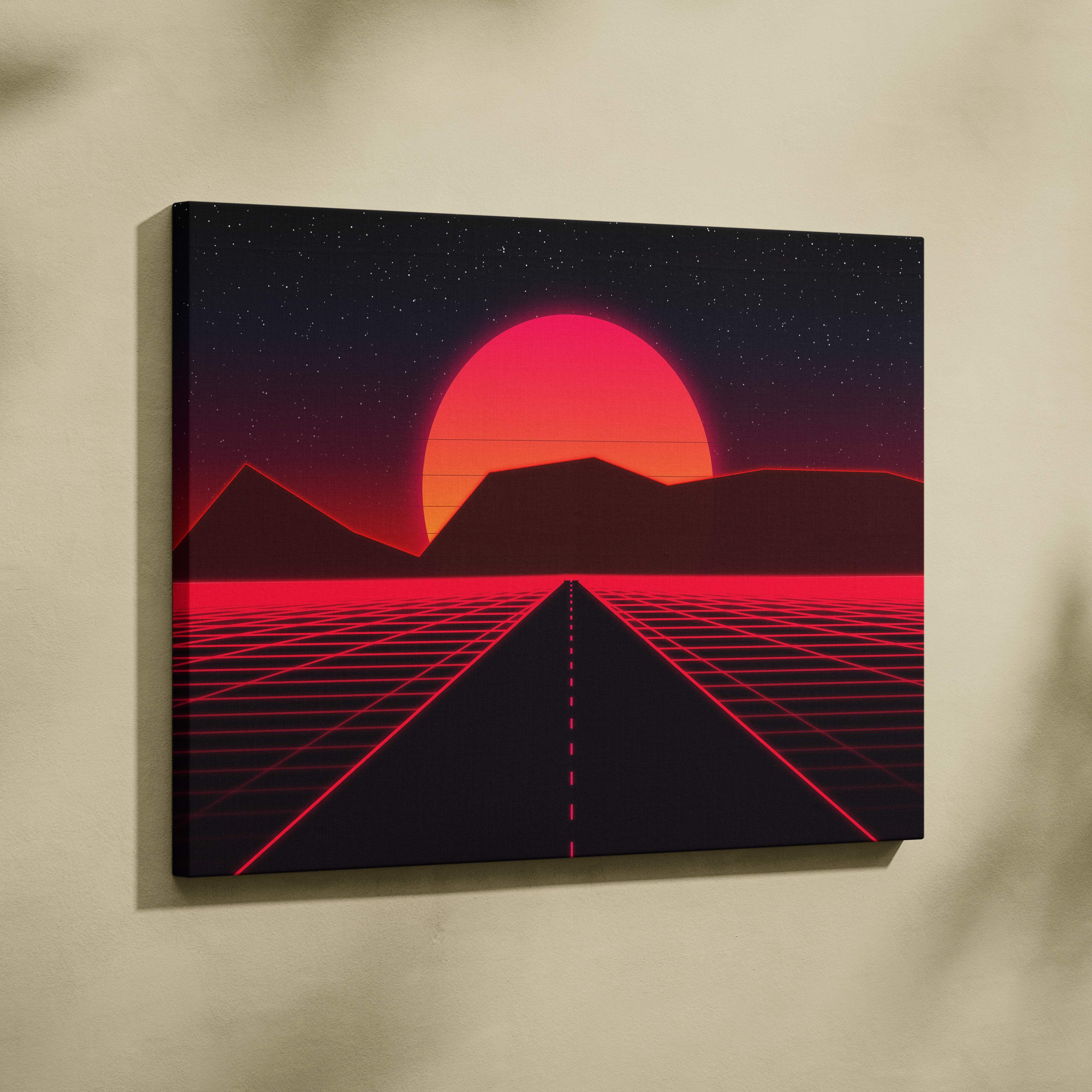 Retrowave red neon road canvas art print featuring a glowing sun setting behind mountains with a grid highway design
