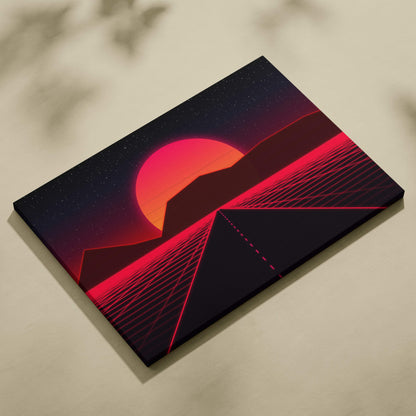 A rectangular canvas print featuring a vibrant retrowave red neon road with glowing sunset over dark geometric mountains