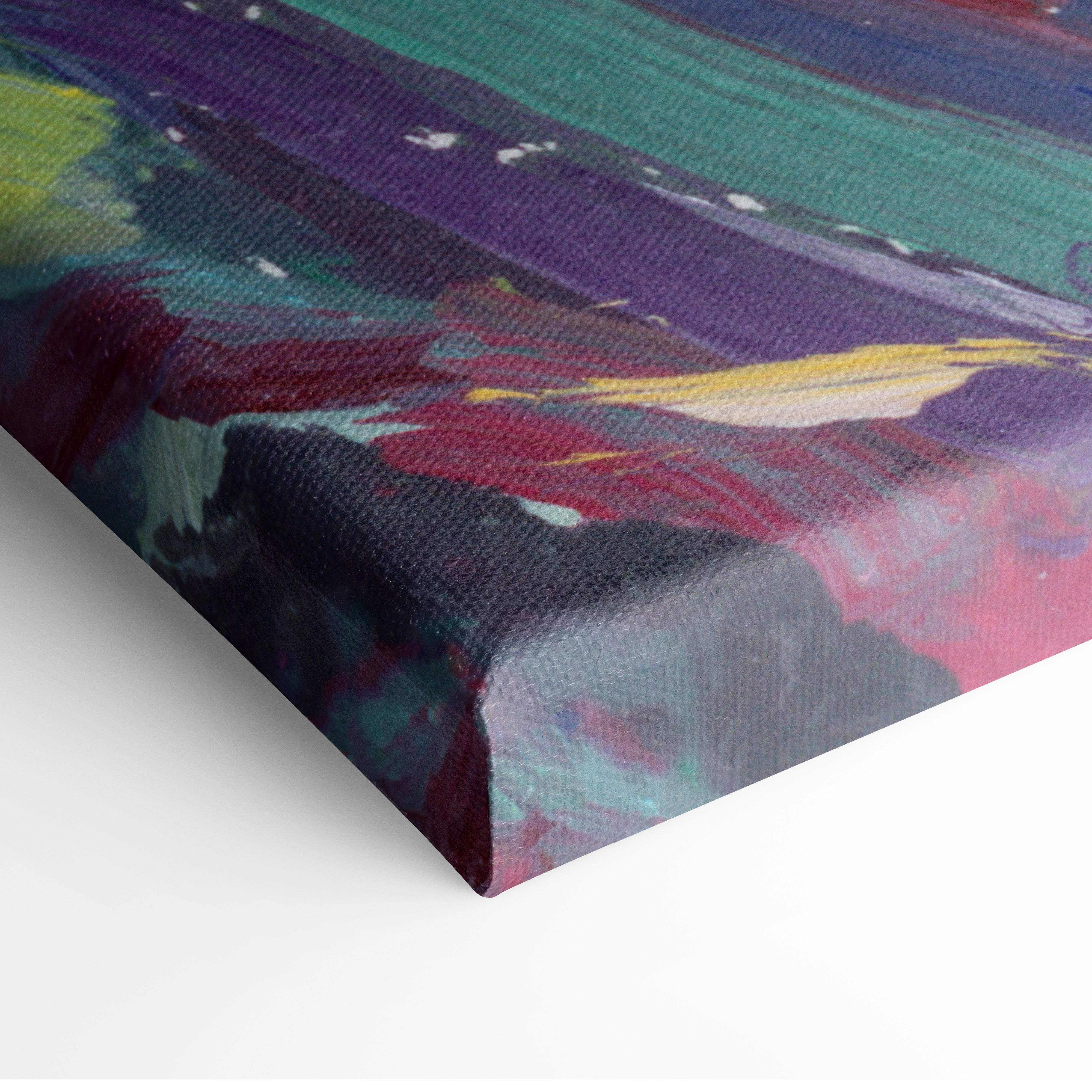Red tulip canvas print with vibrant purple teal red and yellow strokes on textured fabric floral wall art decor