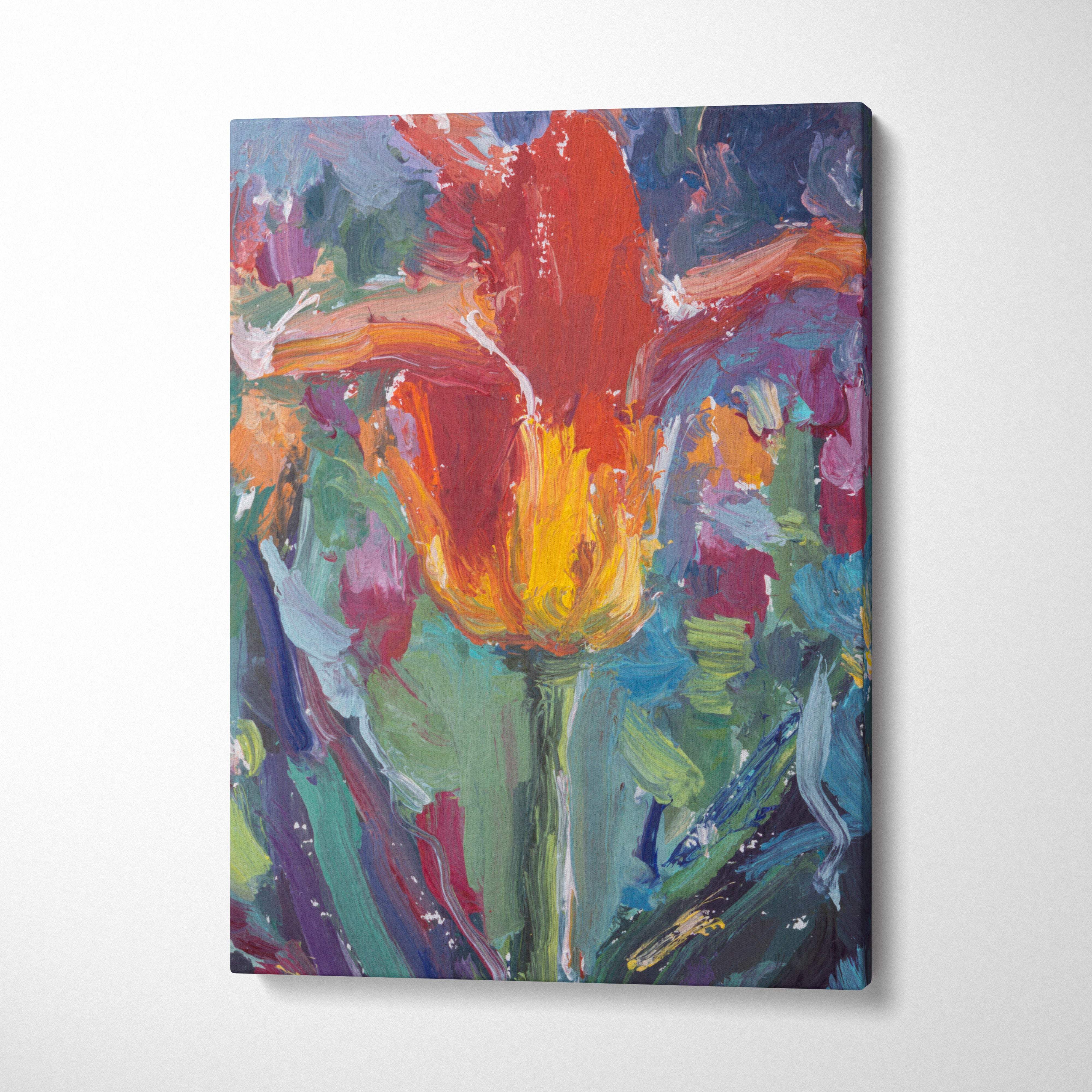 Red tulip canvas print featuring a vibrant red and yellow tulip with textured brushstrokes in impressionist oil style