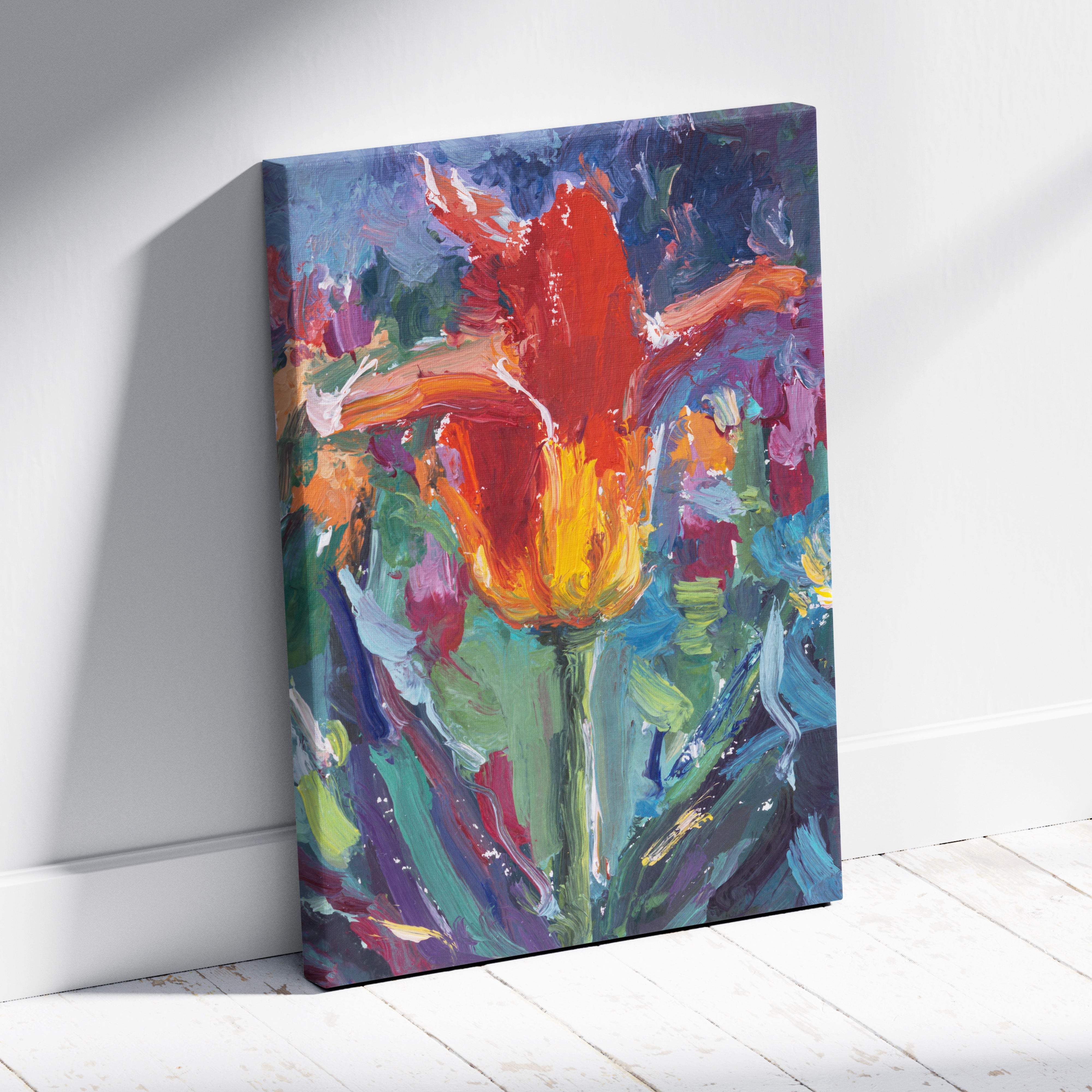 Red tulip canvas print featuring vibrant red and yellow tulips with bold textured brushstrokes on a colorful floral background