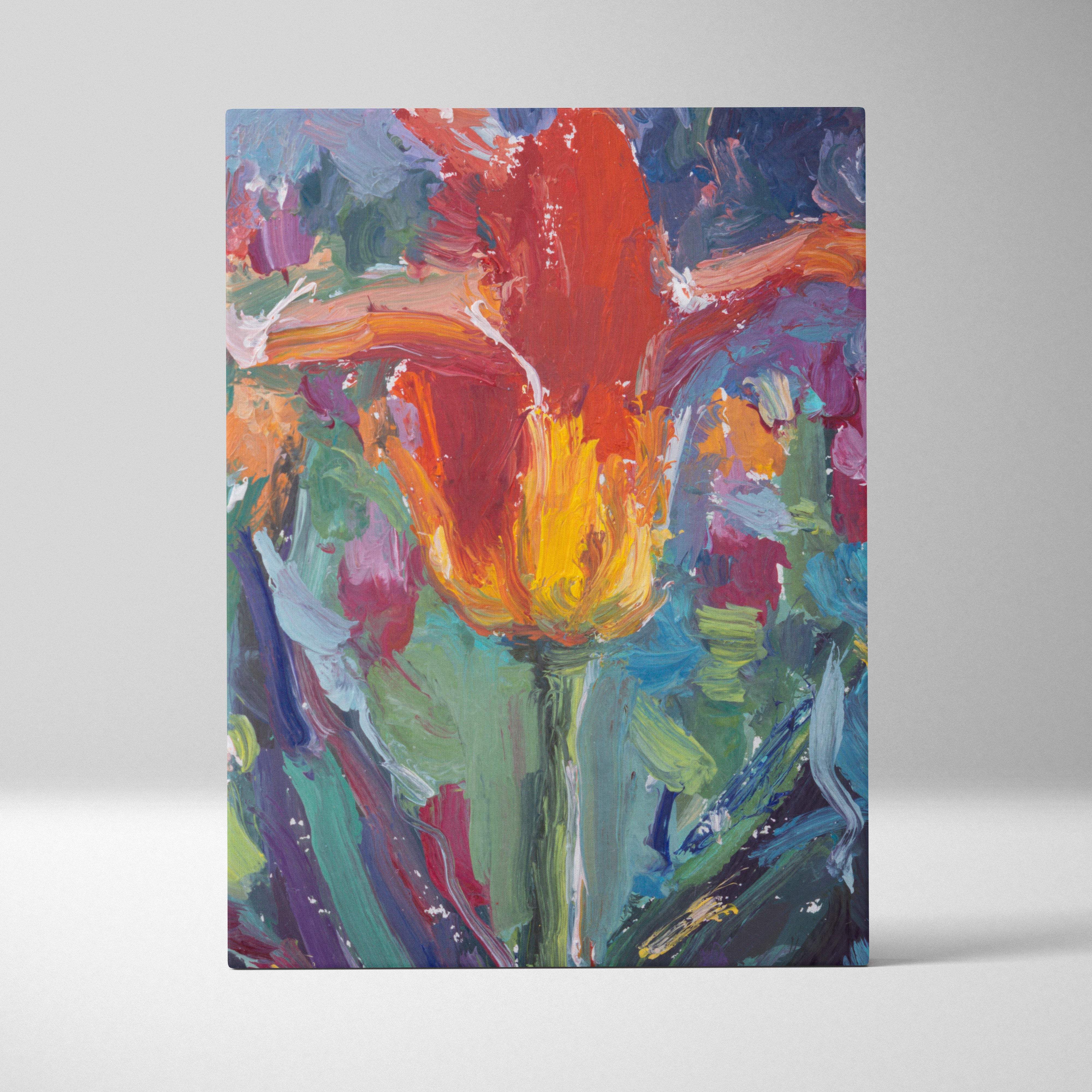 Red tulip canvas print featuring a vibrant red and yellow tulip with expressive brushstrokes in impressionist oil style