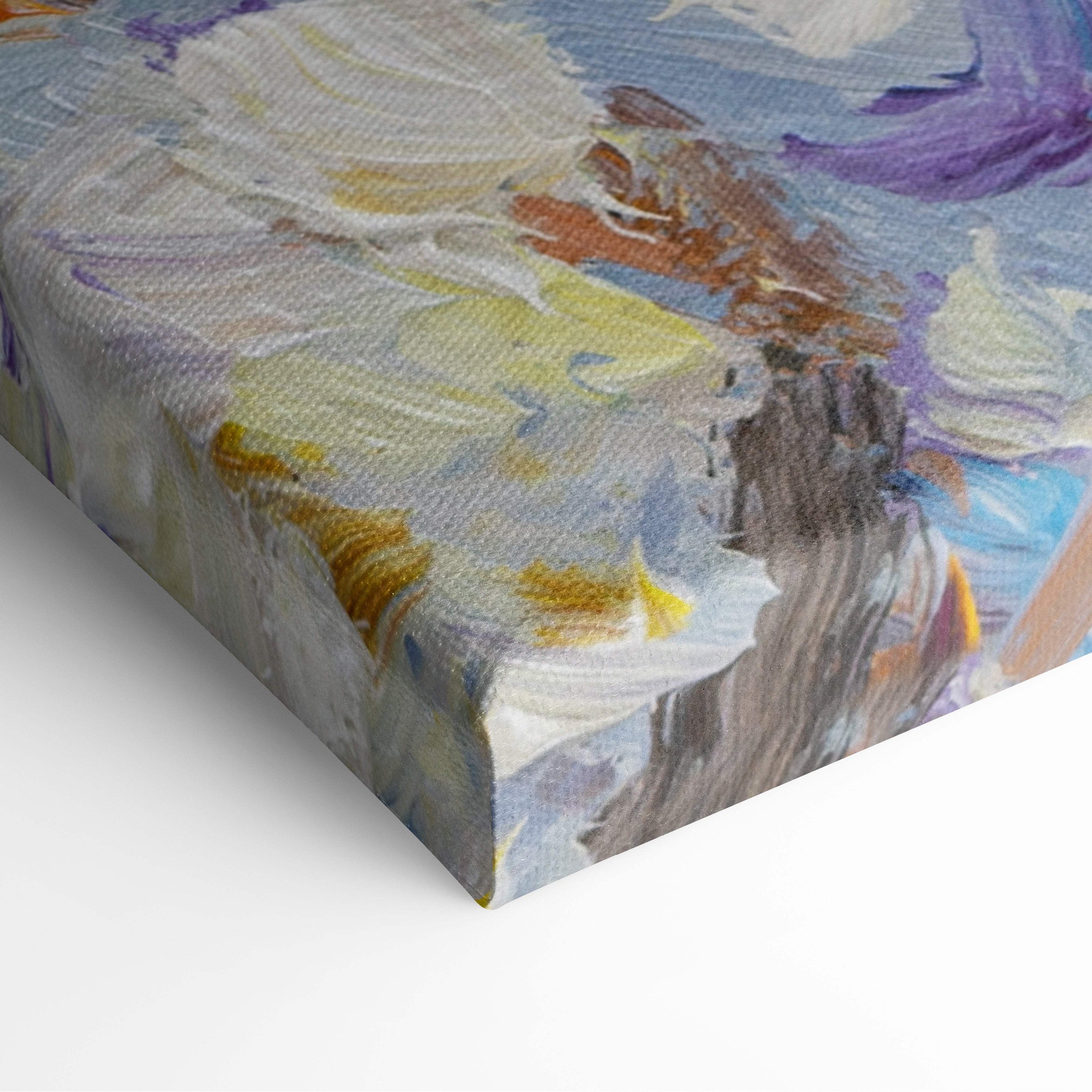 Abstract white blossom canvas print with textured brushstrokes in white gray purple yellow and blue for spring decor