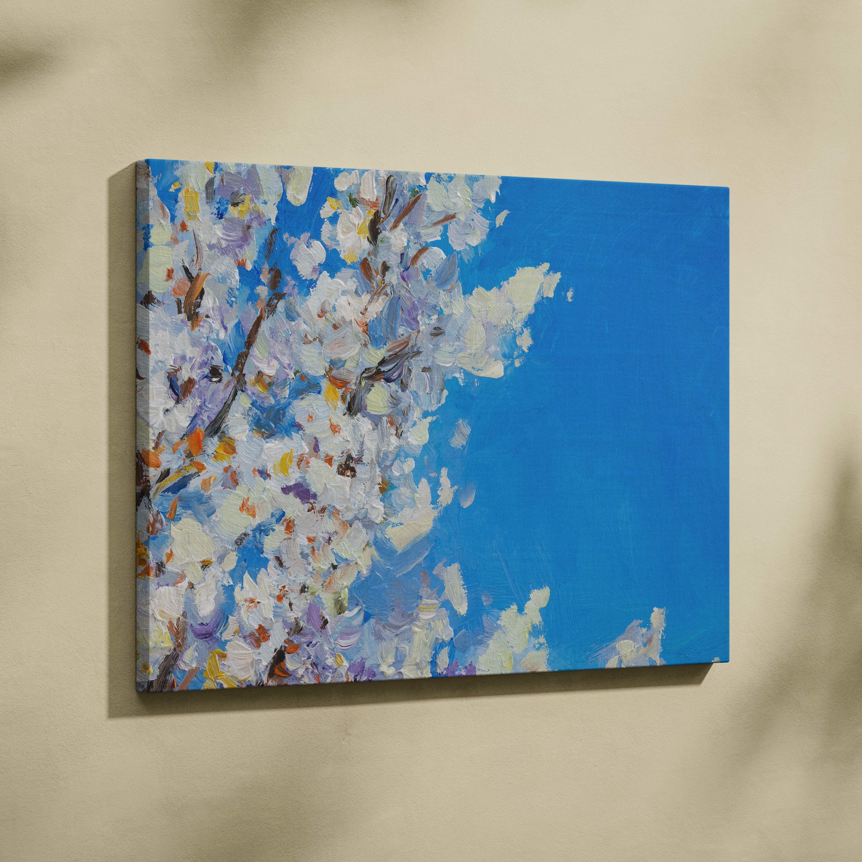 White blossom canvas print featuring lavender and white flowers with thick impasto brushstrokes against blue sky