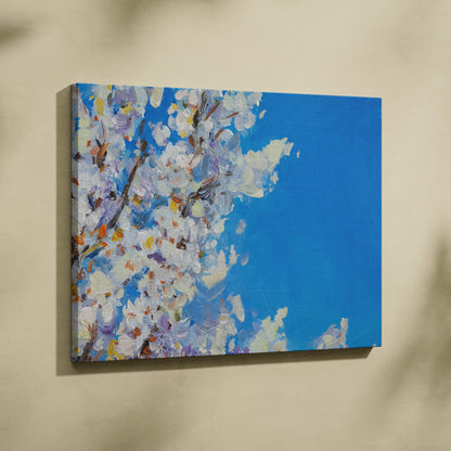 White blossom canvas print featuring lavender and white flowers with thick impasto brushstrokes against blue sky