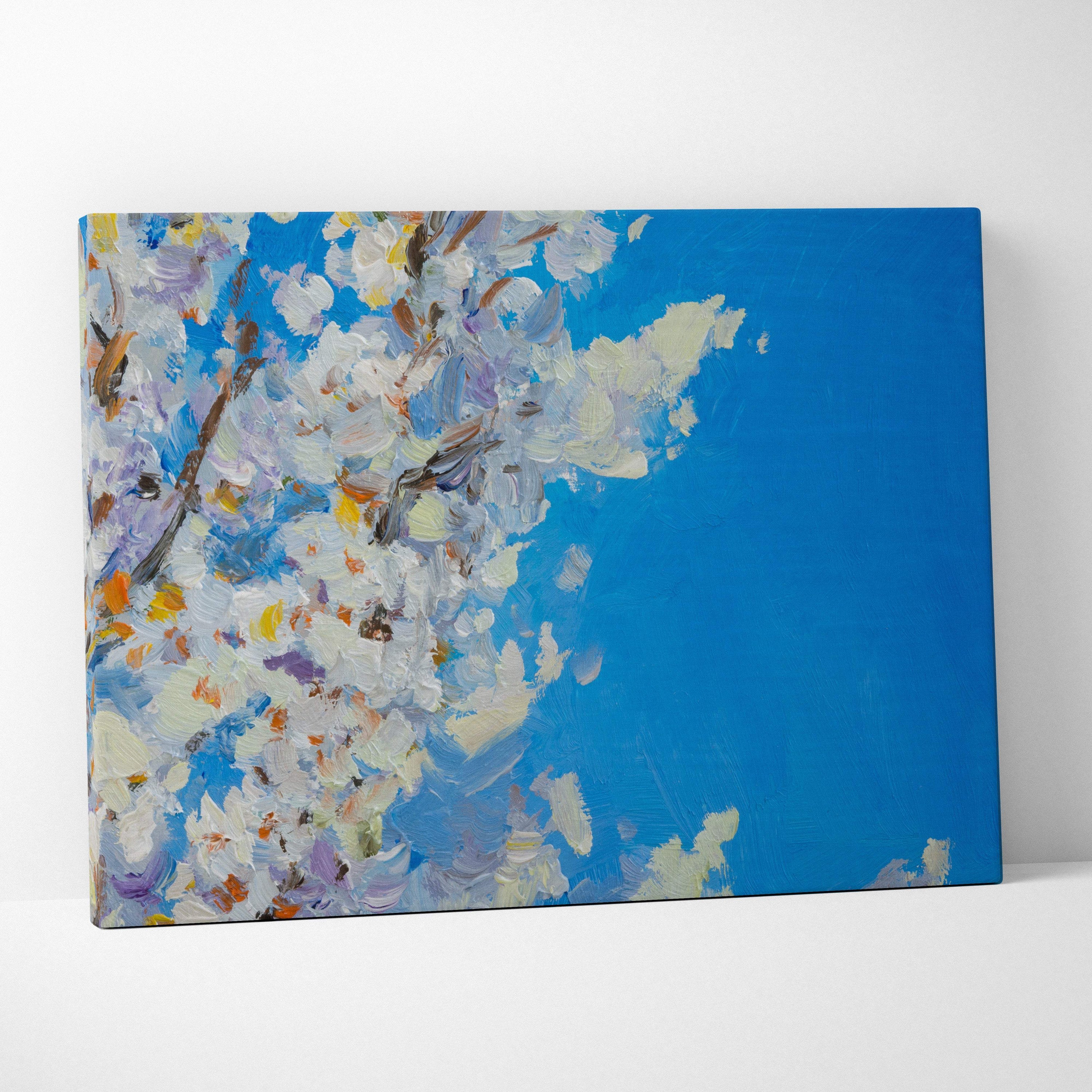 White blossom canvas print with bold blue sky and textured white and lavender blossoms in impressionist oil style
