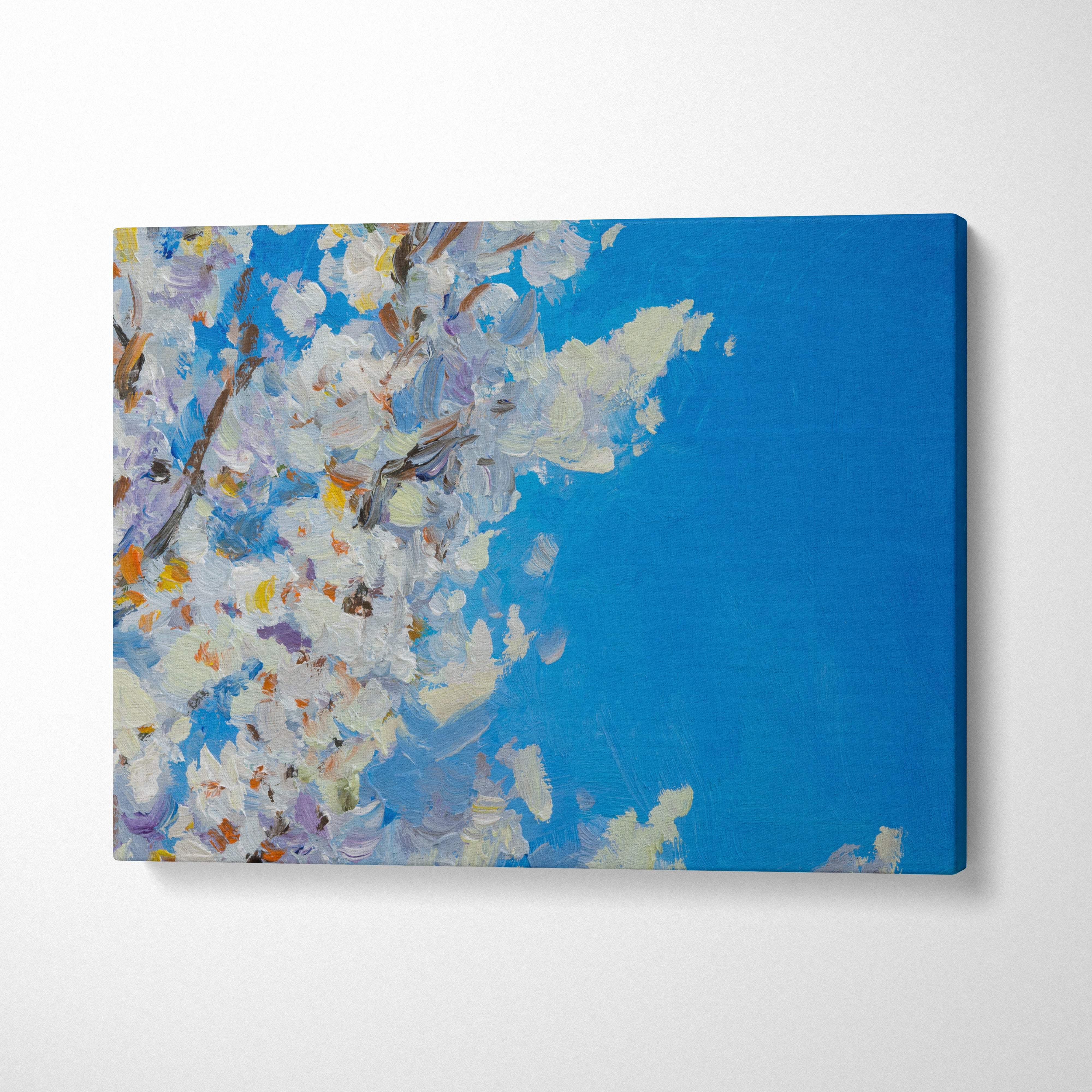 White blossom canvas print featuring a stylized tree with white and pale purple flowers against a blue sky