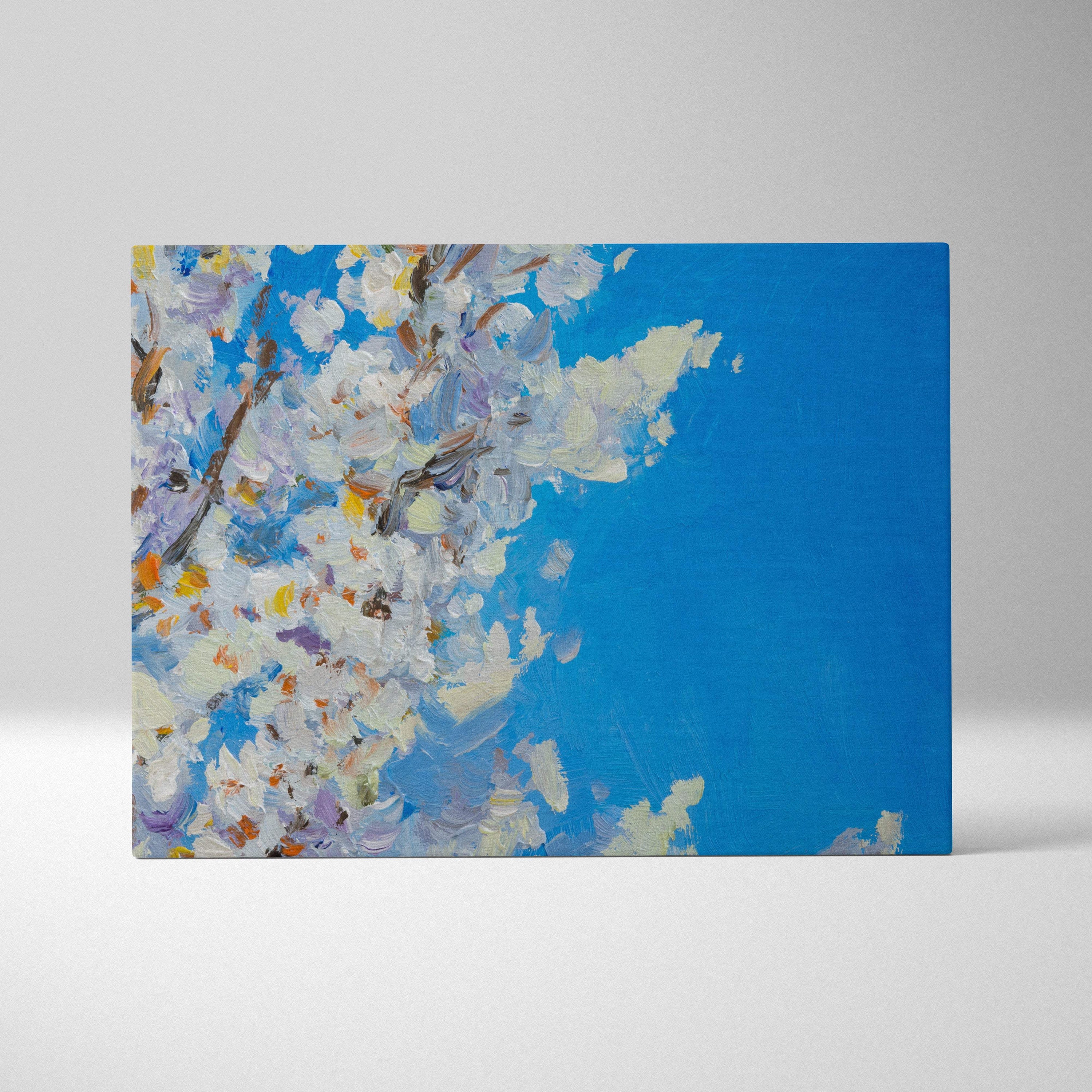 White blossom canvas print featuring lavender and white flowers on bold blue background in impressionist oil style
