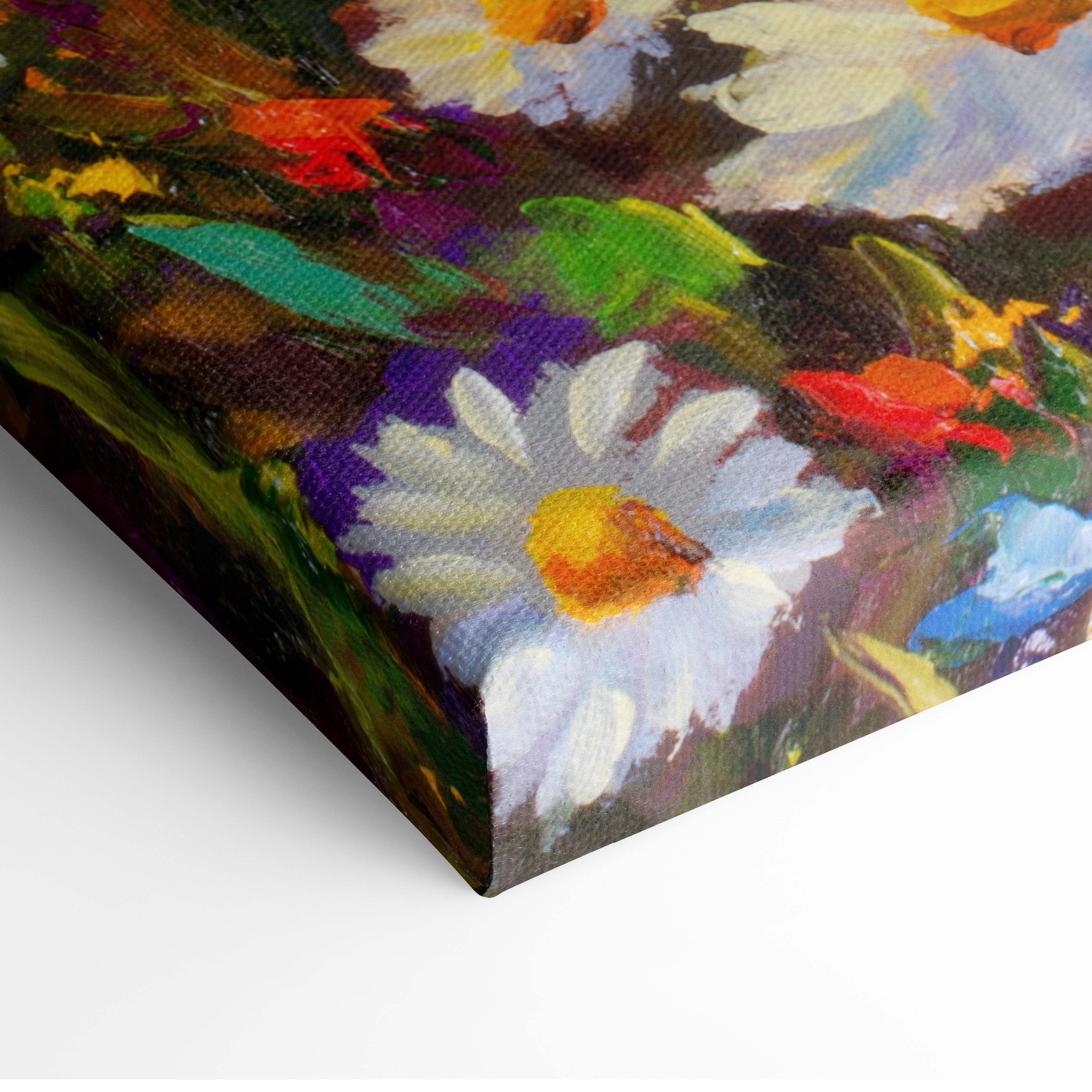 Vibrant impressionist canvas print of a white daisy with yellow center surrounded by colorful wildflowers and greenery