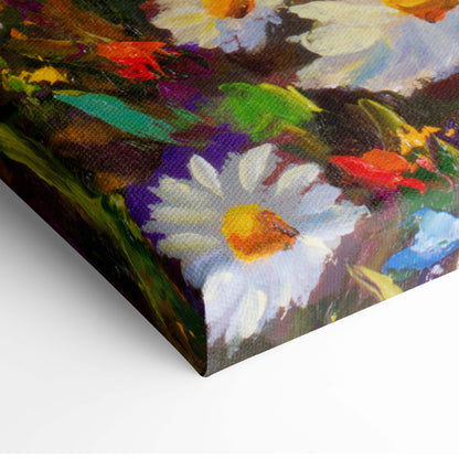 Vibrant impressionist canvas print of a white daisy with yellow center surrounded by colorful wildflowers and greenery