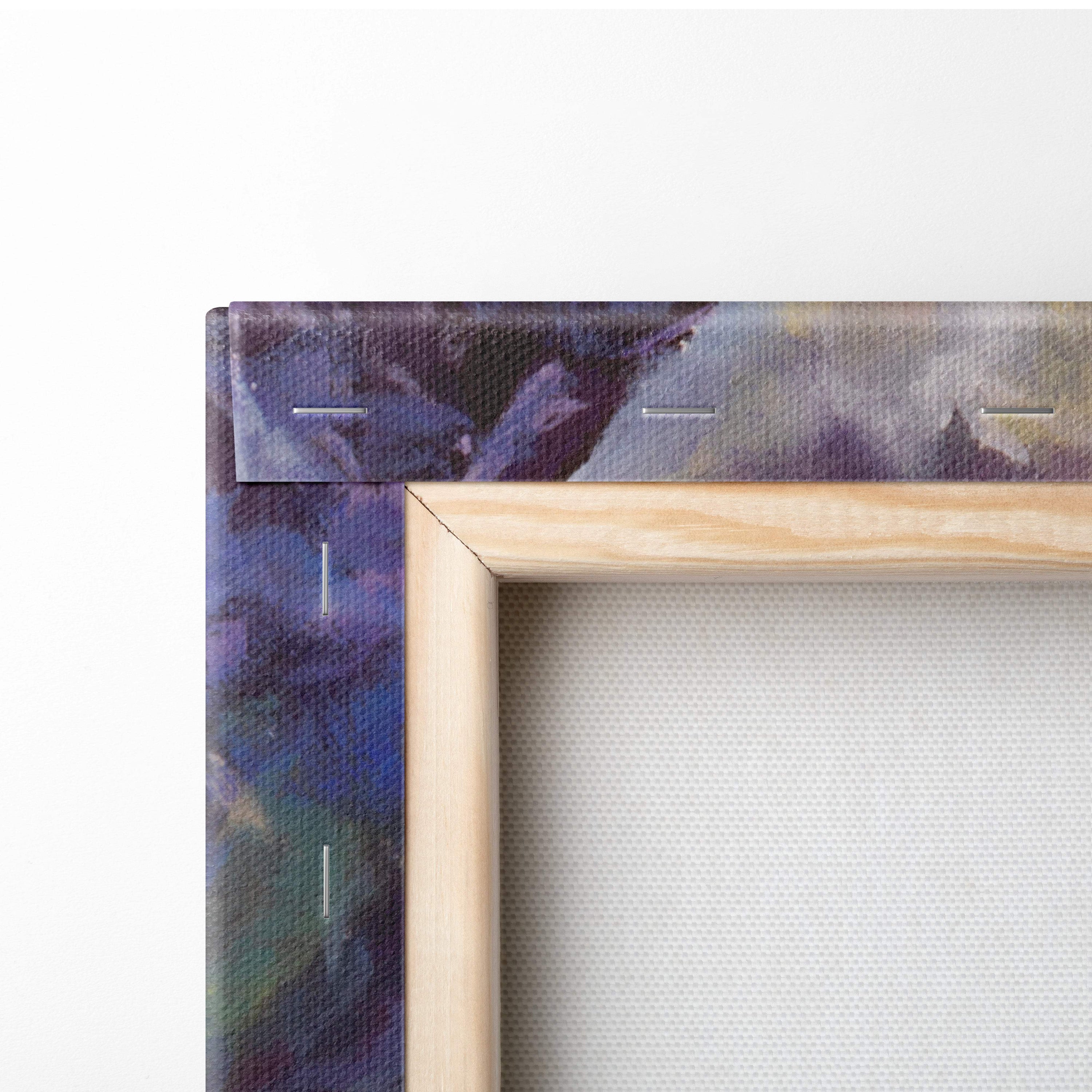 Light wood-framed canvas print with textured abstract painting in deep purples and blues for wall art decor