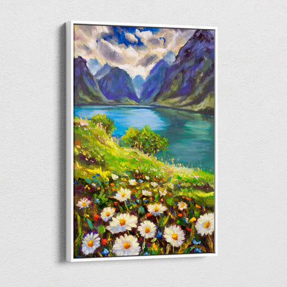 A framed canvas print of a vibrant mountain lake landscape with white daisies lush green hills and purple mountains in oil style