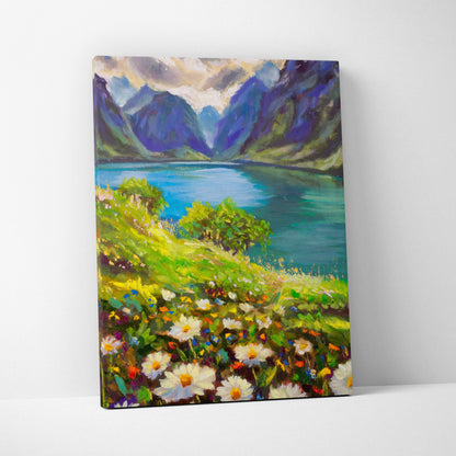 Mountain lake wildflower landscape canvas print featuring turquoise lake purple mountains and blooming wildflowers in oil painting style