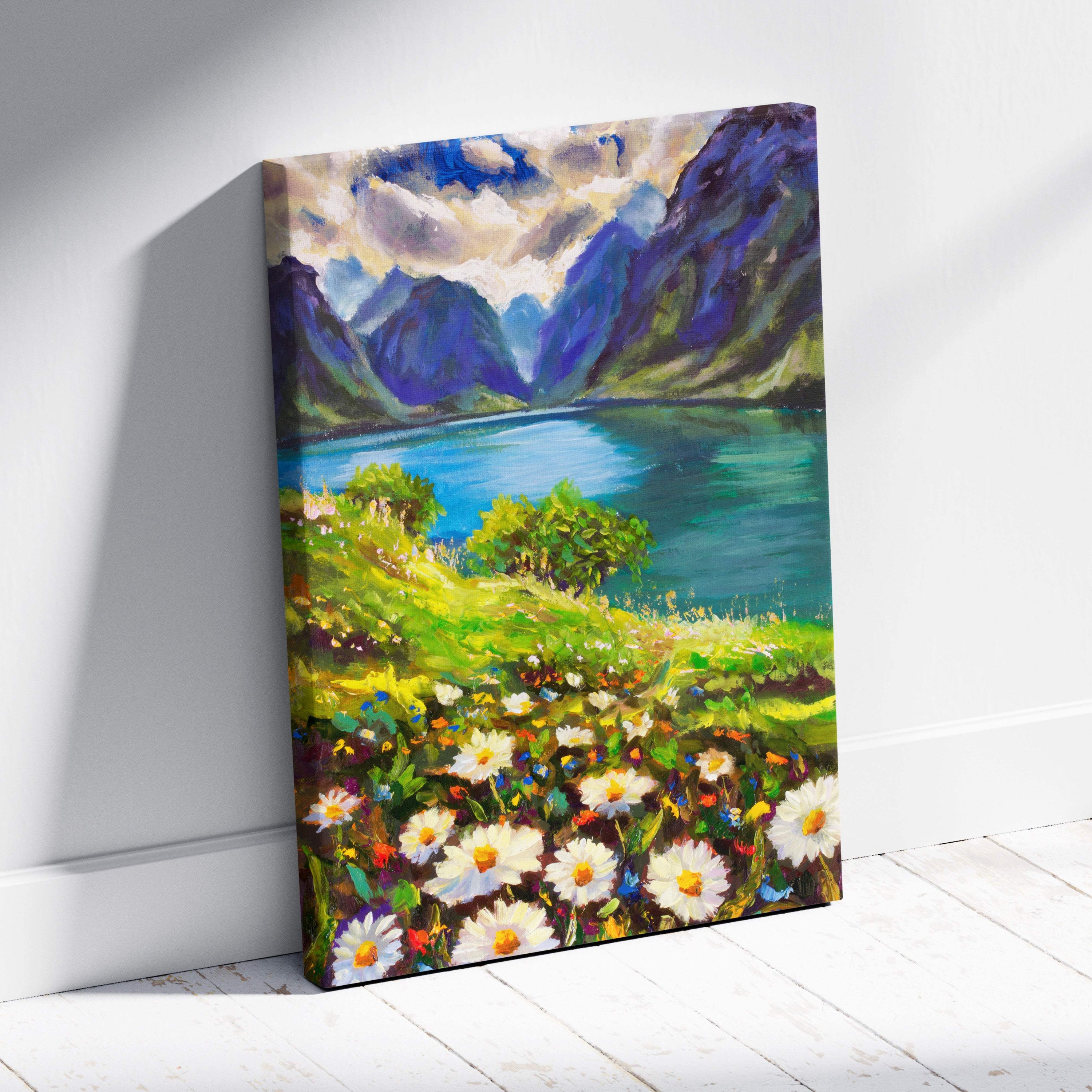 Vibrant mountain lake wildflower landscape canvas print with white daisies on stretched fabric in oil painting style