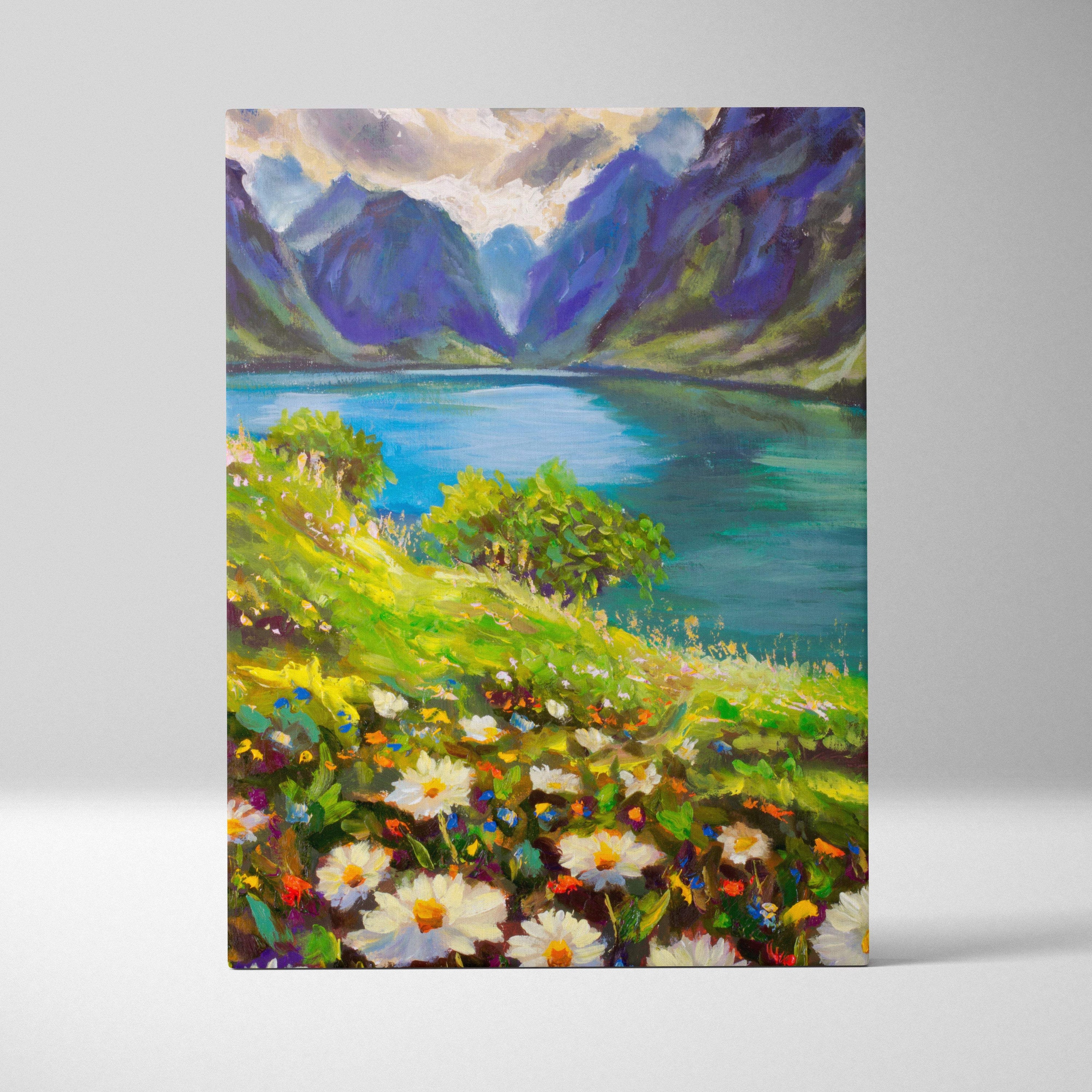 Mountain lake wildflower landscape canvas print depicting a turquoise lake with purple mountains and white daisies in impressionist style