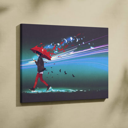 Red umbrella rain city canvas wall art featuring a neon blue cyberpunk anime figure walking through glowing water