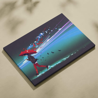 Red umbrella rain city canvas wall art featuring a figure in red running with a shattered umbrella against neon blue cyberpunk lights