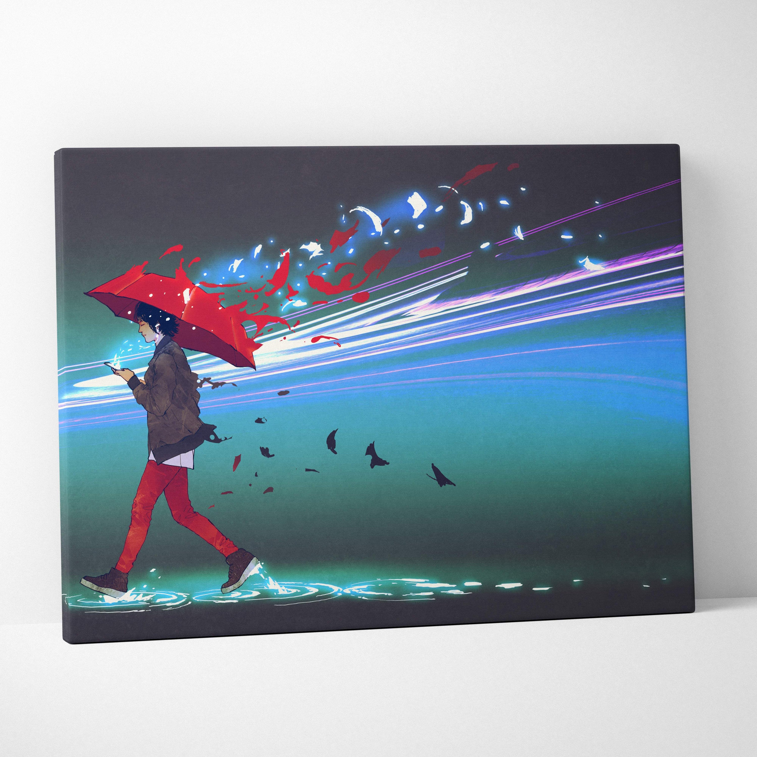Red umbrella rain city canvas wall art featuring a neon blue cyberpunk anime figure walking through glowing water