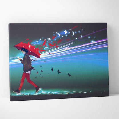 Red umbrella rain city canvas wall art featuring a neon blue cyberpunk anime figure walking through glowing water